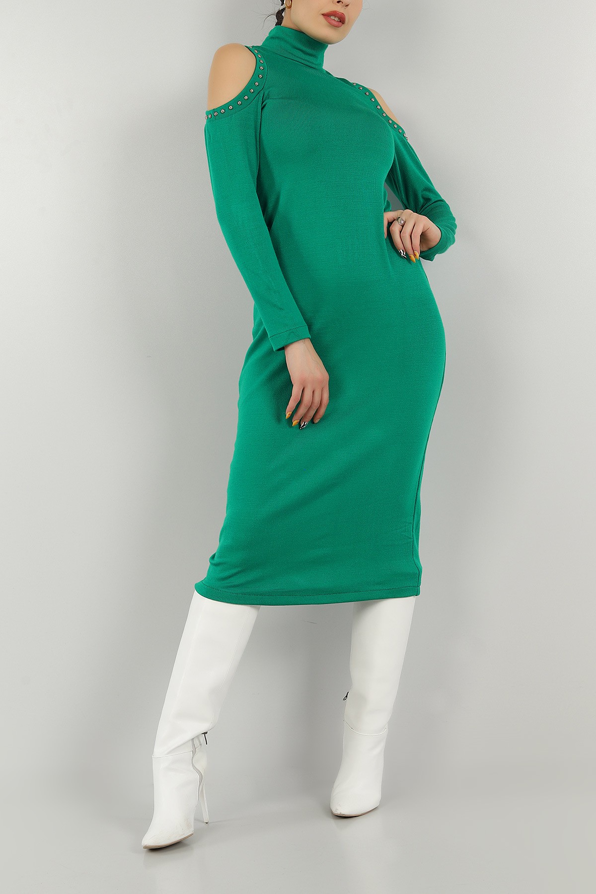 Yeşil Taşlı Tasarım Triko Elbise 146773