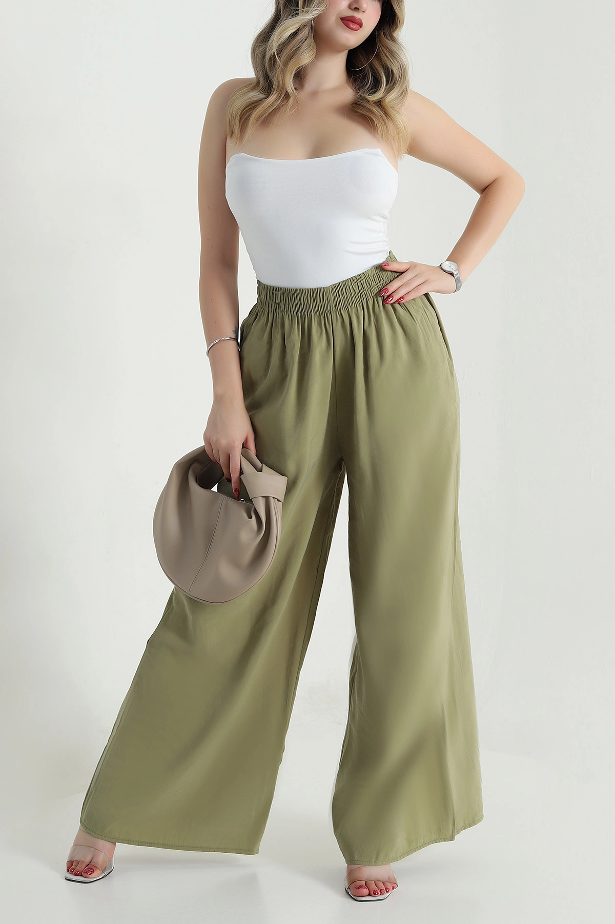 Yeşil Tencel Bel Lastikli Kadın Pantolon 481028