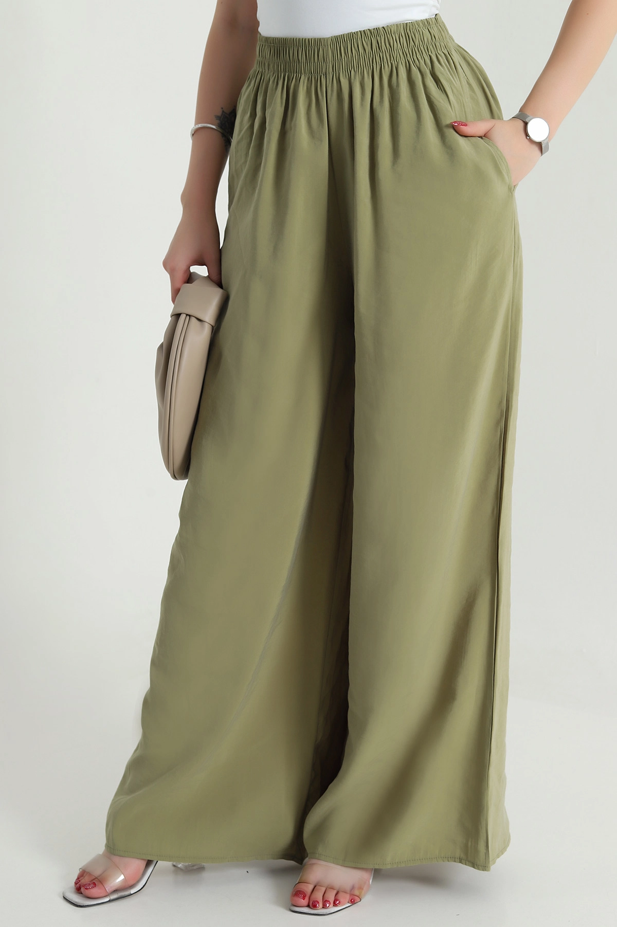 Yeşil Tencel Bel Lastikli Kadın Pantolon 481028