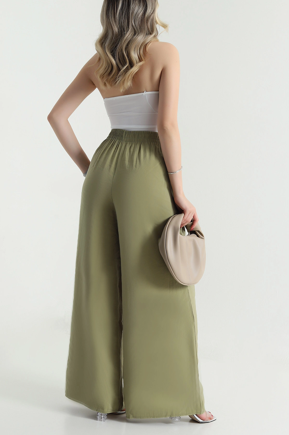 Yeşil Tencel Bel Lastikli Kadın Pantolon 481028