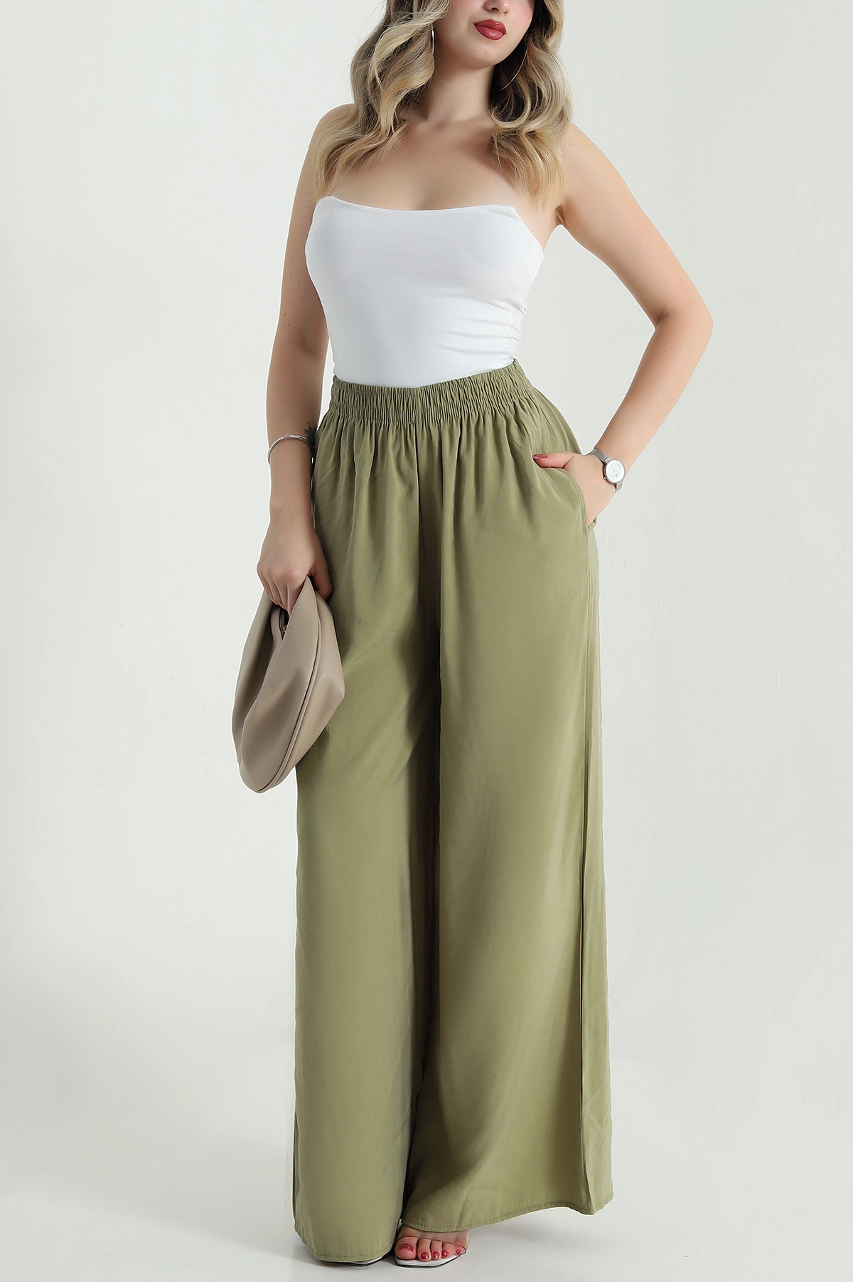 Yeşil Tencel Bel Lastikli Kadın Pantolon 481028