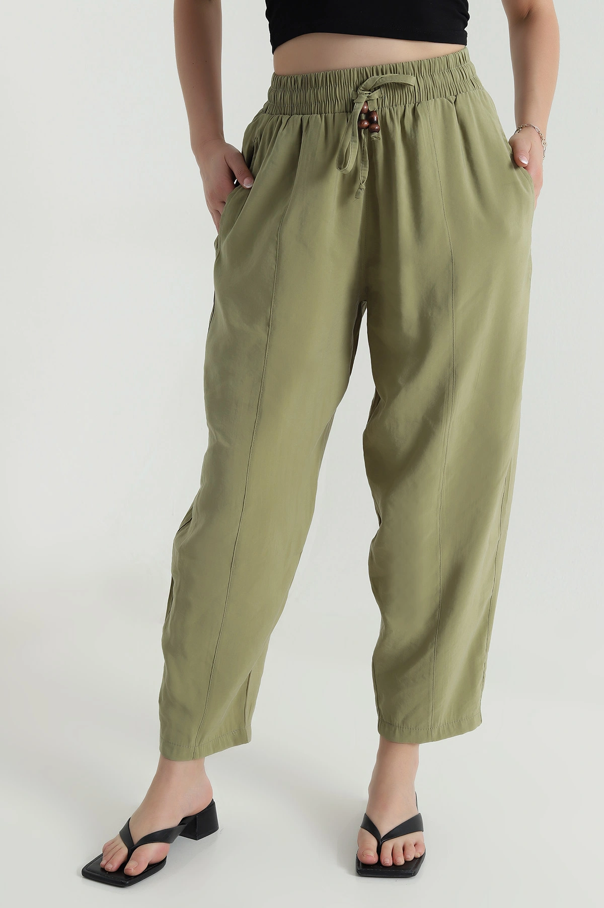 Yeşil Tencel Boncuklu Şalvar Kadın Pantolon 481049