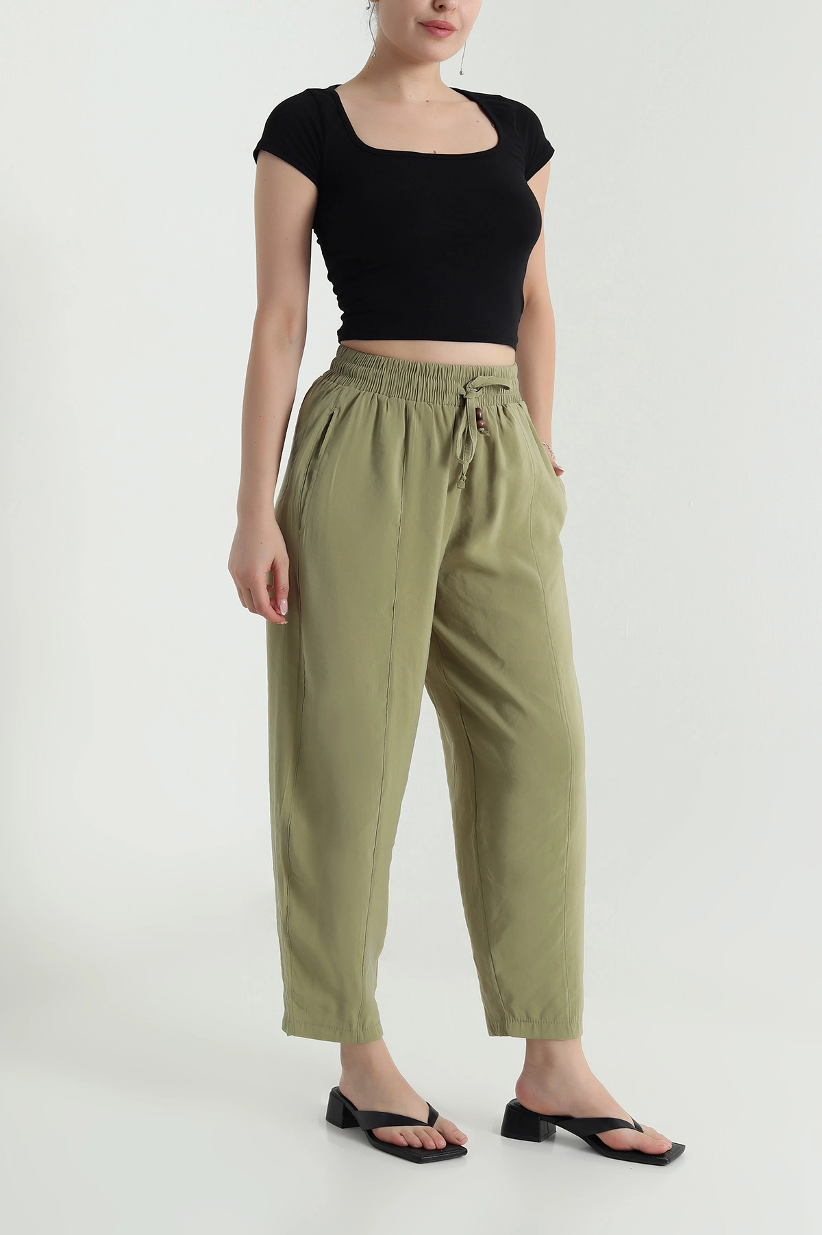 Yeşil Tencel Boncuklu Şalvar Kadın Pantolon 481049