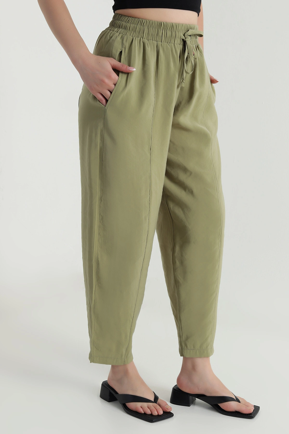Yeşil Tencel Boncuklu Şalvar Kadın Pantolon 481049