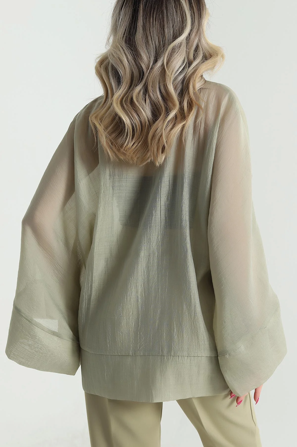 Yeşil Tencel İp Bağcıklı Kadın Gömlek 476094