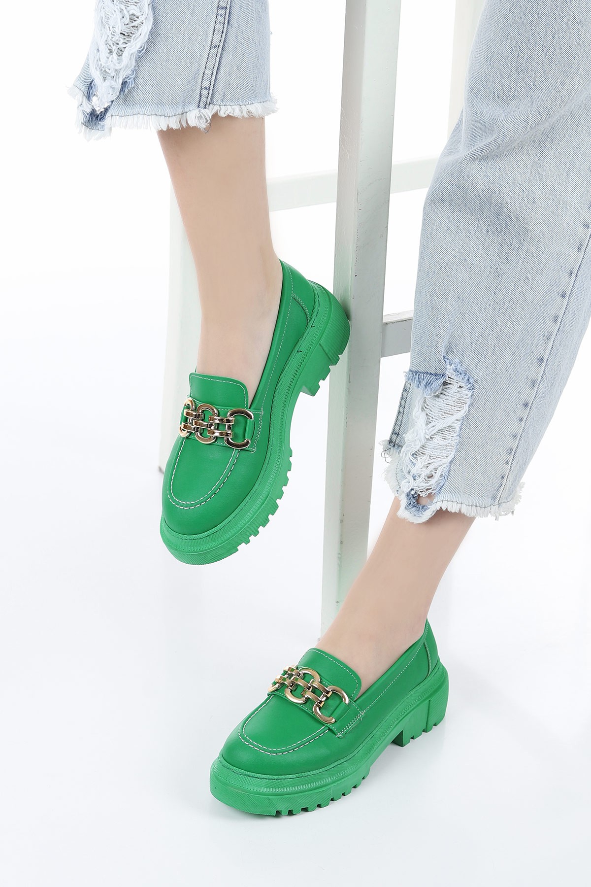 Yeşil Tokalı Kalın Taban Loafer Ayakkabı 157355