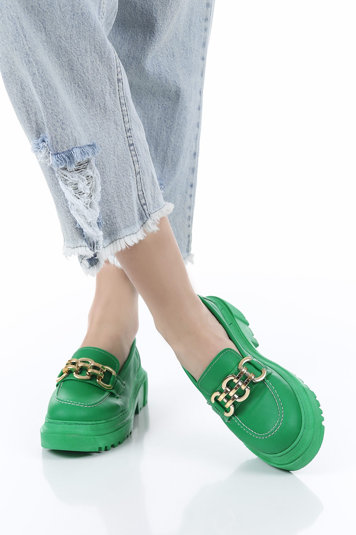 Yeşil Tokalı Kalın Taban Loafer Ayakkabı 157355