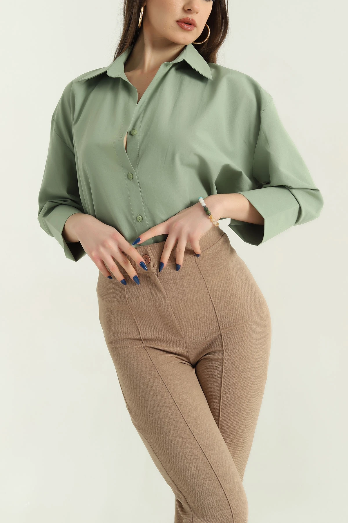 Yeşil Truvakar Kol Poplin Bayan Gömlek 336973