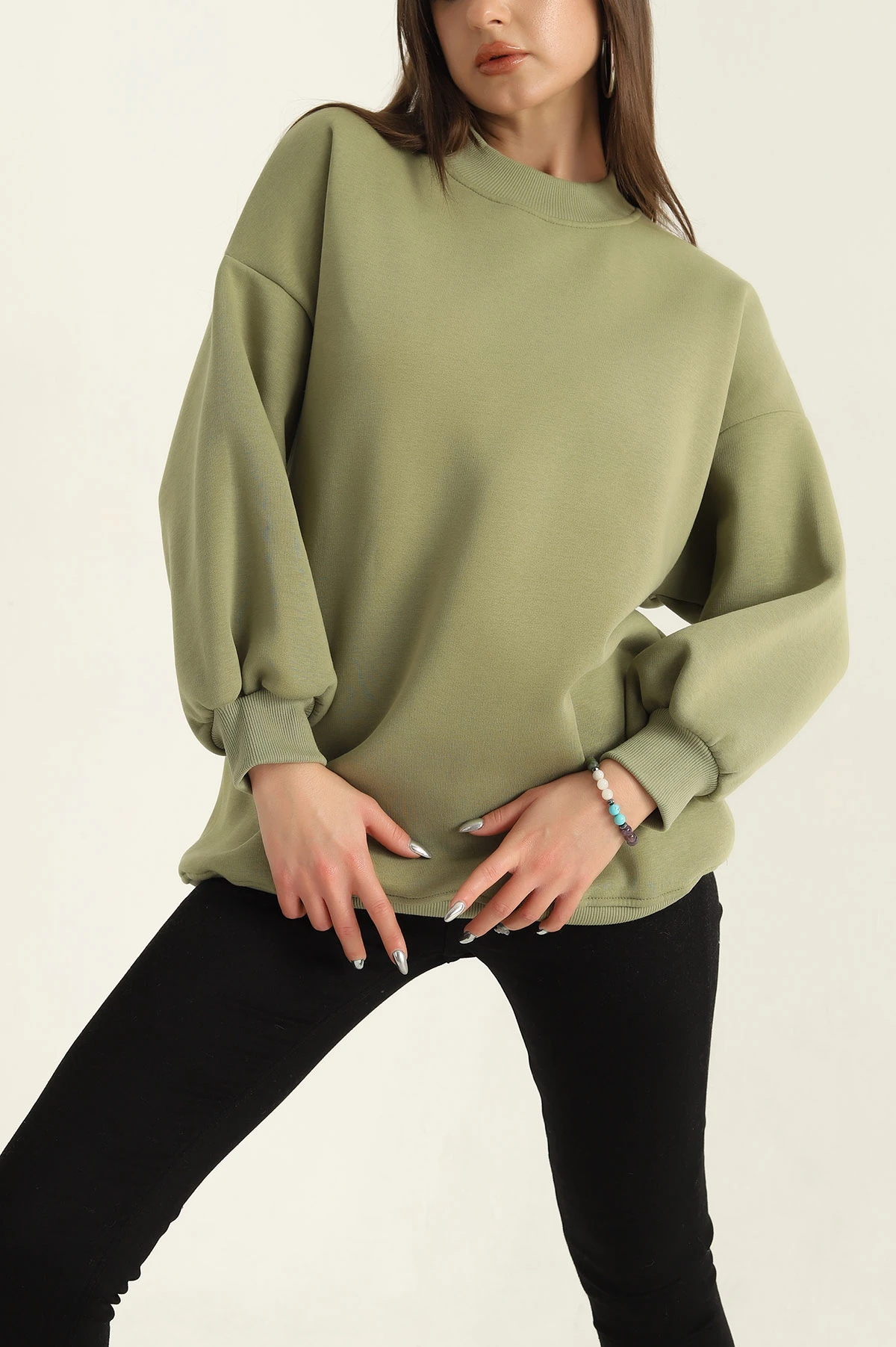 Yeşil Üç İplik Şardonlu Sweat Tunik 321588