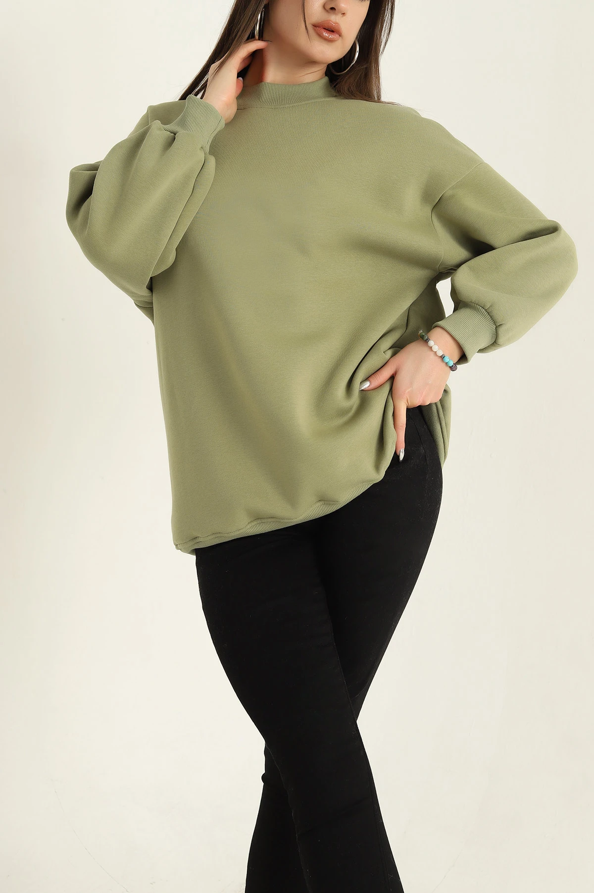 Yeşil Üç İplik Şardonlu Sweat Tunik 321588