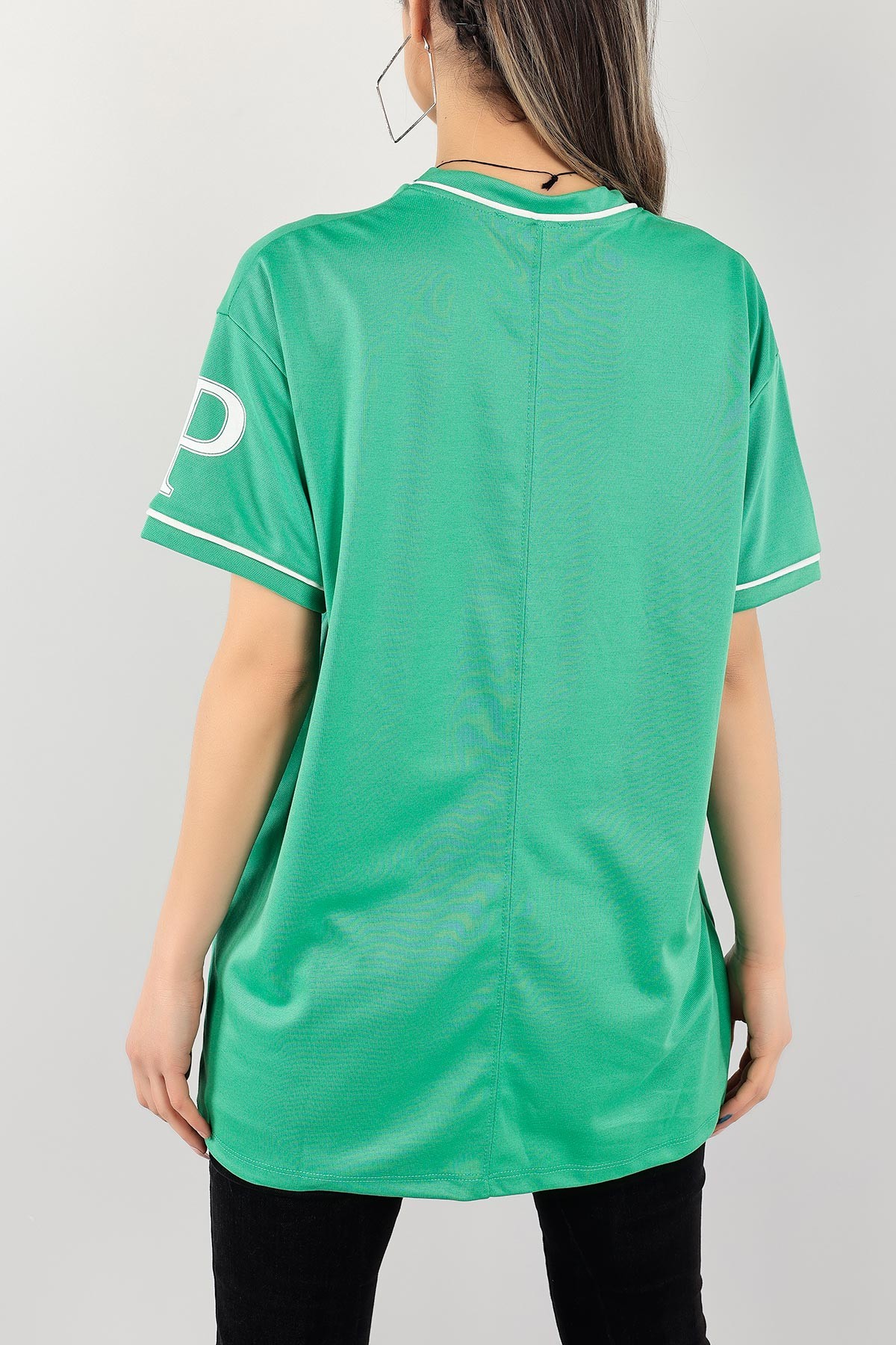 Yeşil V Yaka Baskılı Oversize Tişört 110545