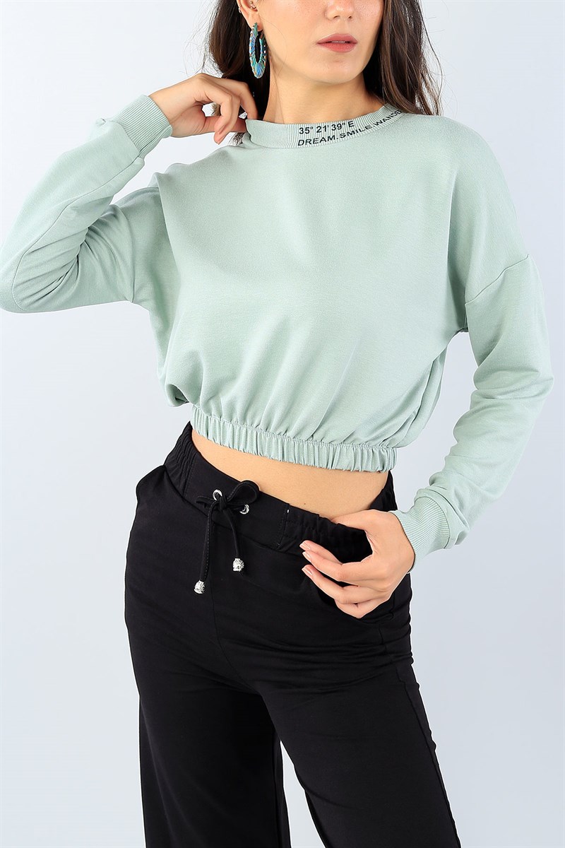 Yeşil Yaka Baskı Beli Lastikli Crop Sweat 39213