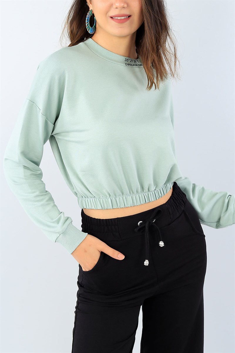 Yeşil Yaka Baskı Beli Lastikli Crop Sweat 39213