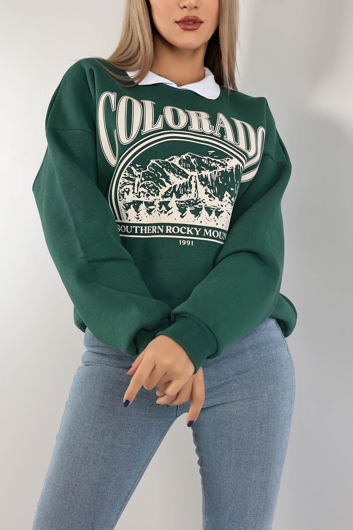 Yeşil Yakalı İçi Şardonlu Bayan Sweat 139524