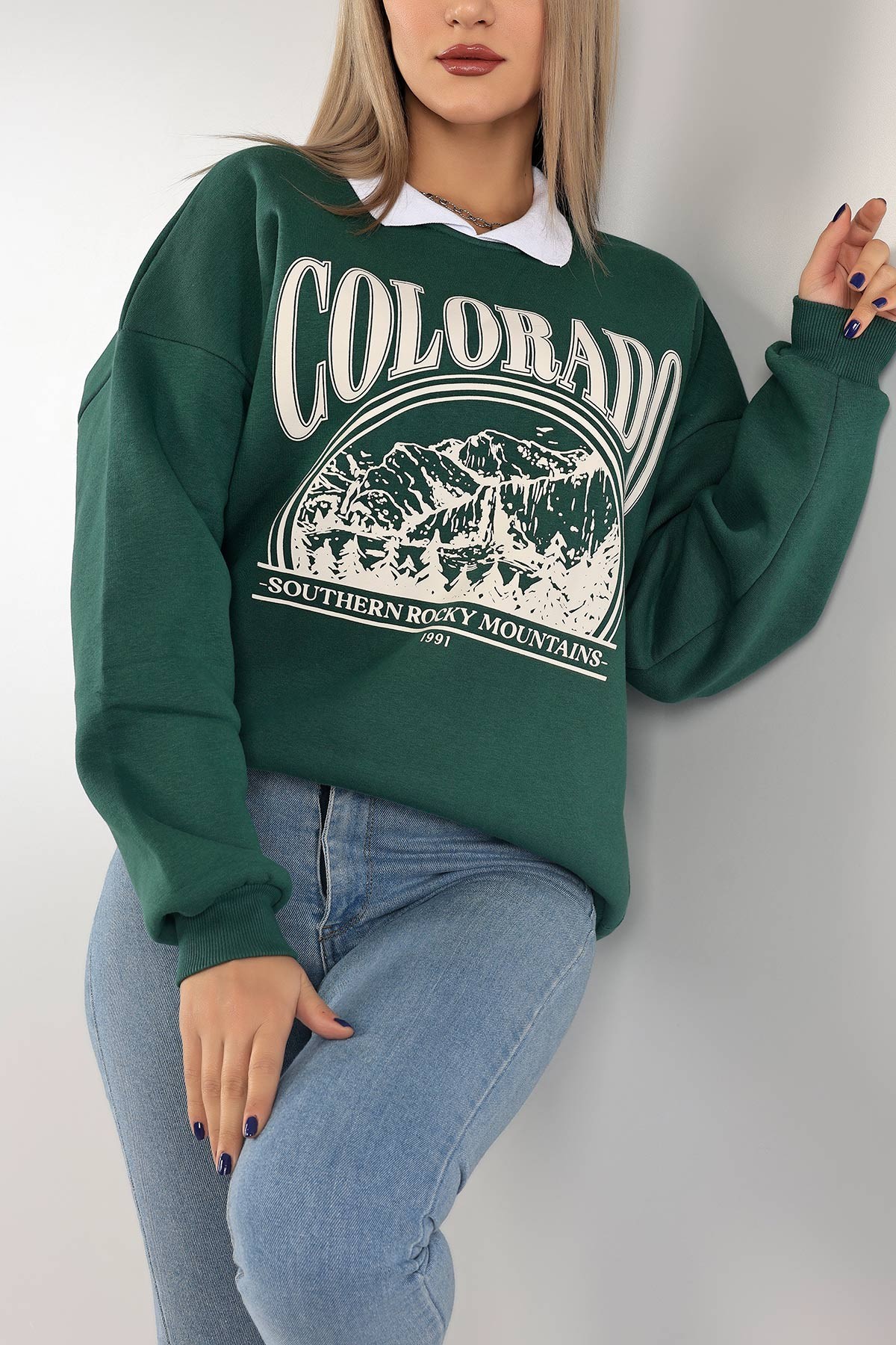 Yeşil Yakalı İçi Şardonlu Bayan Sweat 139524