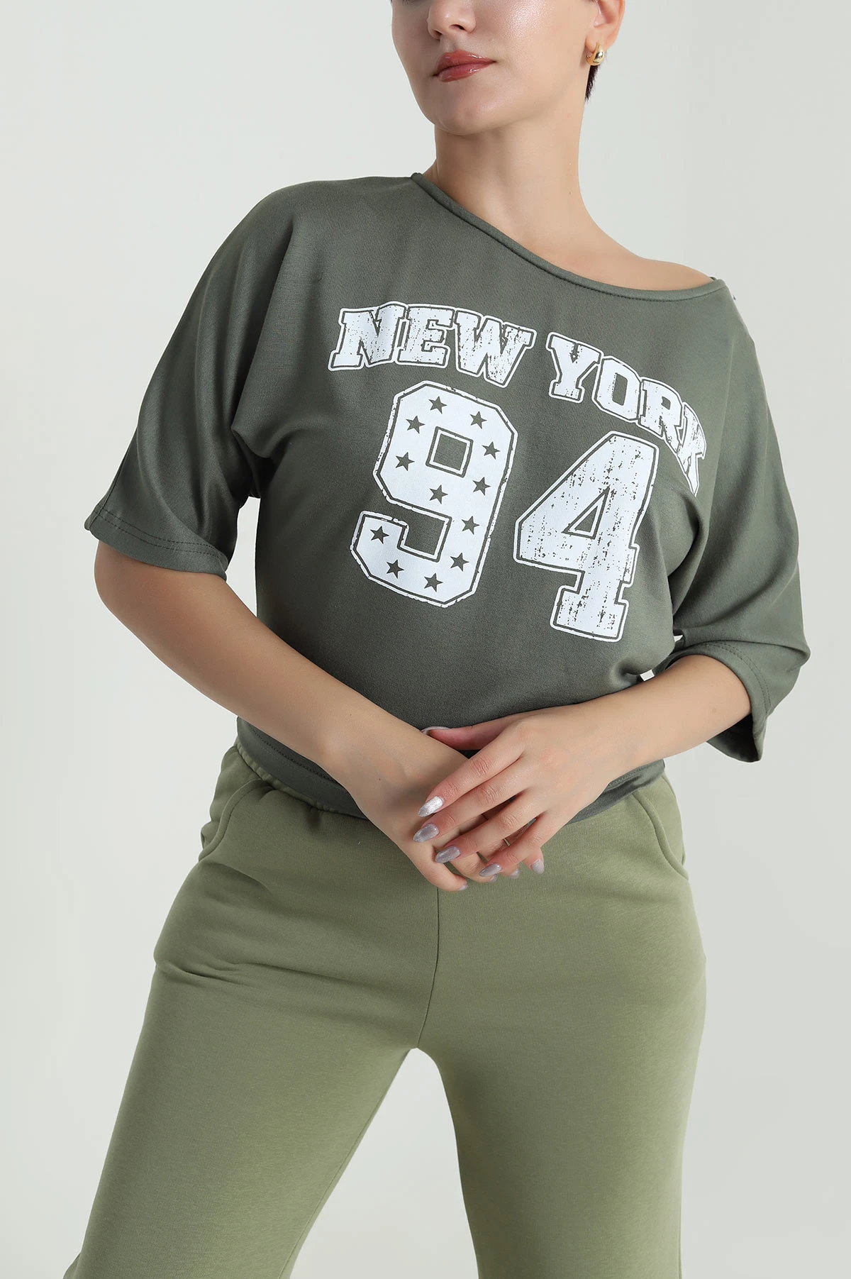 Yeşil Yarasa Kol Baskılı Kadın Kristal Bluz 483250