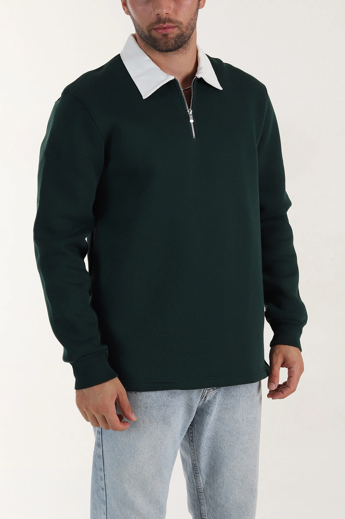 Yeşil Yarım Fermuarlı Üç İp Şardonlu Polo Yaka Erkek Sweatshirt 397110