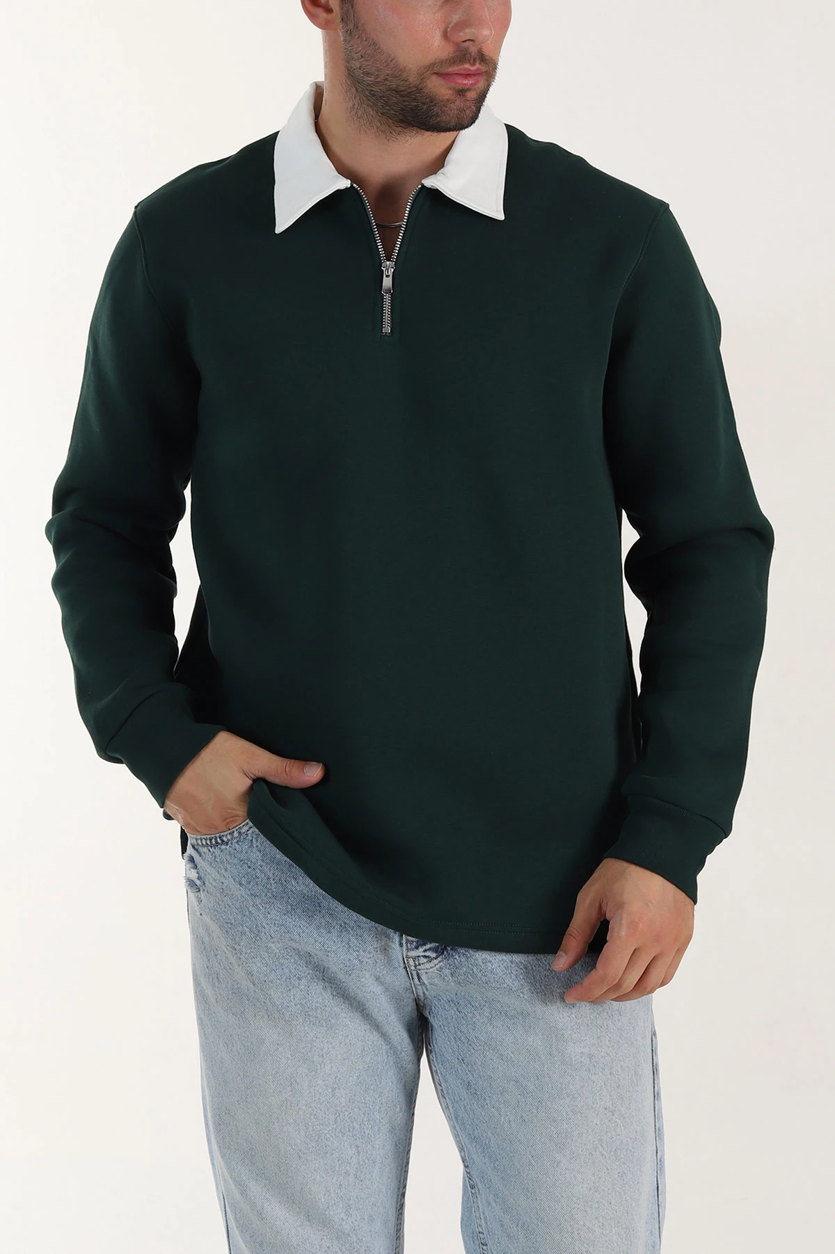 Yeşil Yarım Fermuarlı Üç İp Şardonlu Polo Yaka Erkek Sweatshirt 397110