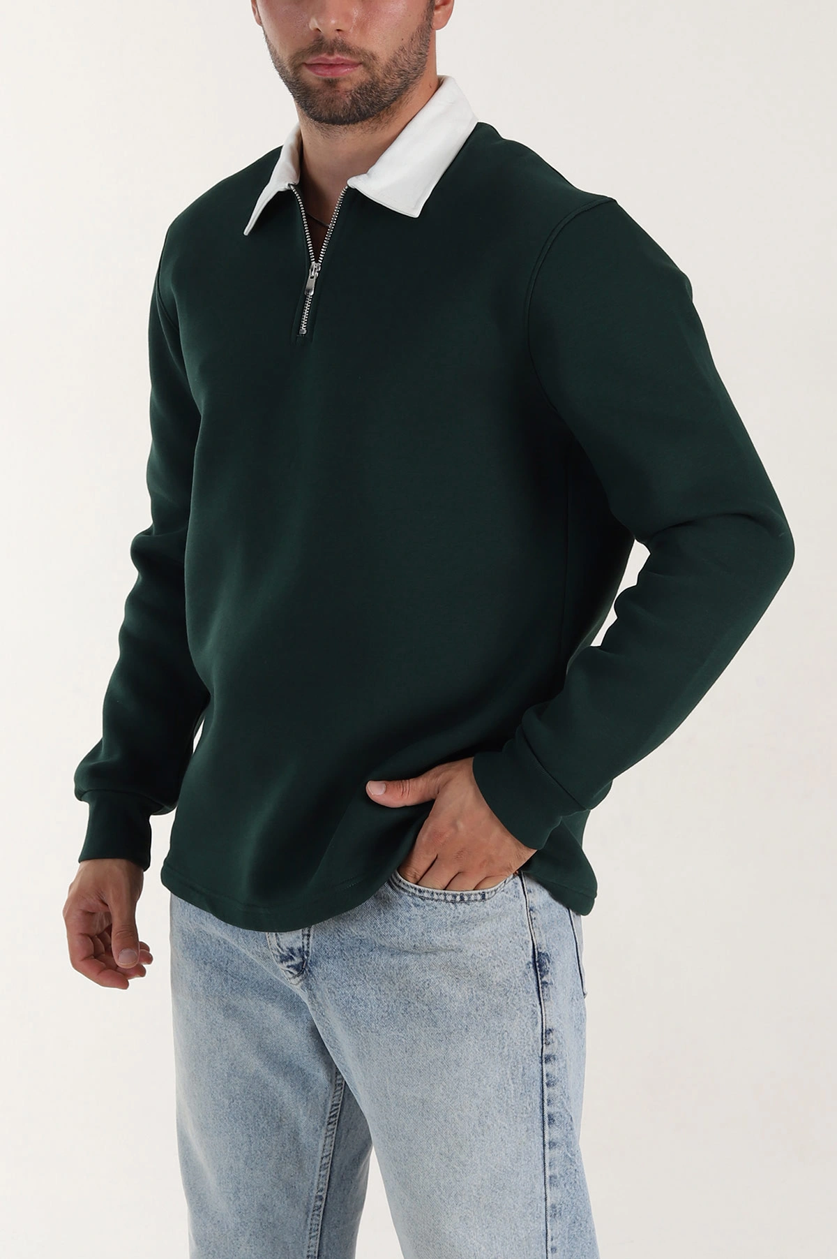 Yeşil Yarım Fermuarlı Üç İp Şardonlu Polo Yaka Erkek Sweatshirt 397110