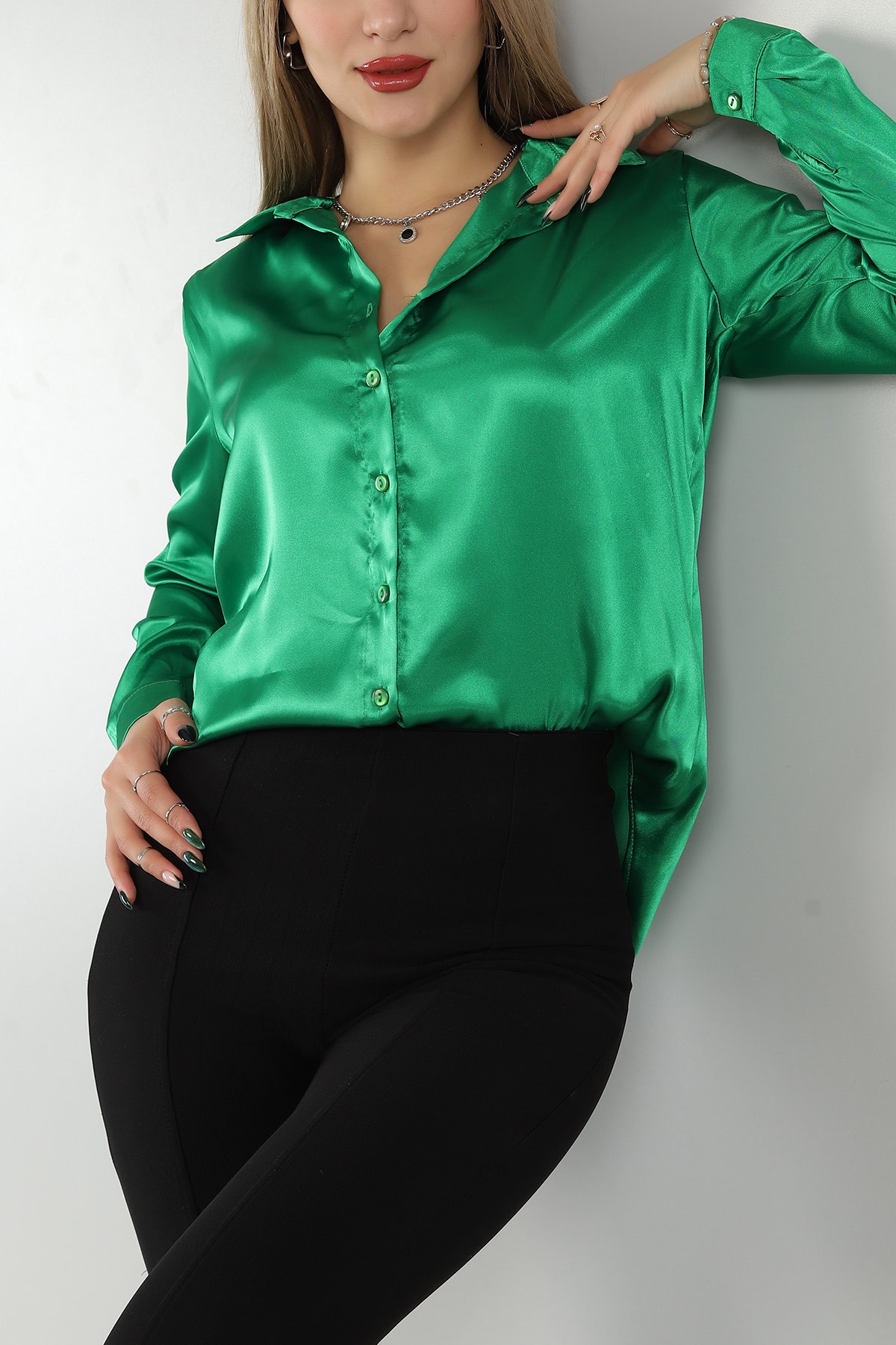 Yeşil Yeni Sezon Bayan Saten Gömlek 147309 | ModamızBir | Modamizbir.Com
