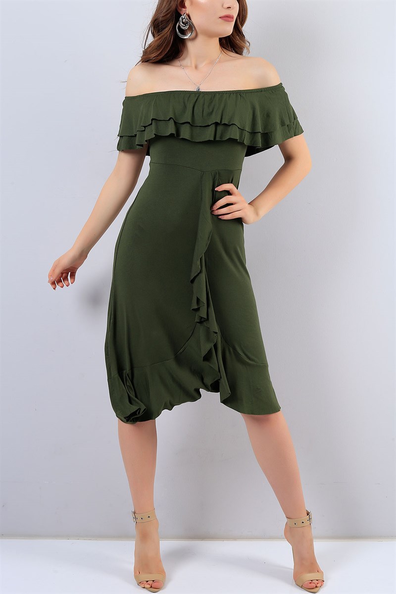 Yırtmaç Detaylı Haki Elbise 16622B