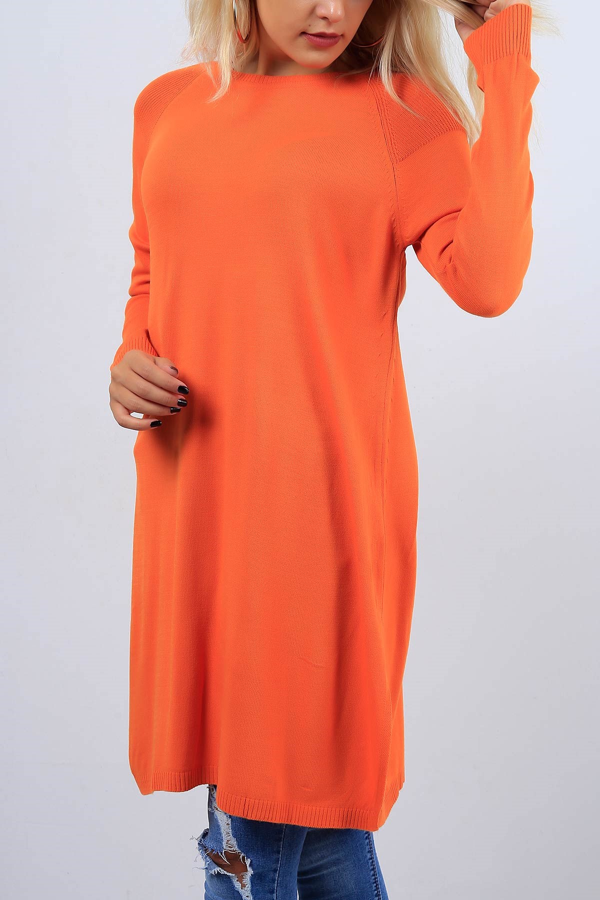 Yırtmaçlı Reglan Kol Turuncu Bayan Triko Tunik 9102B