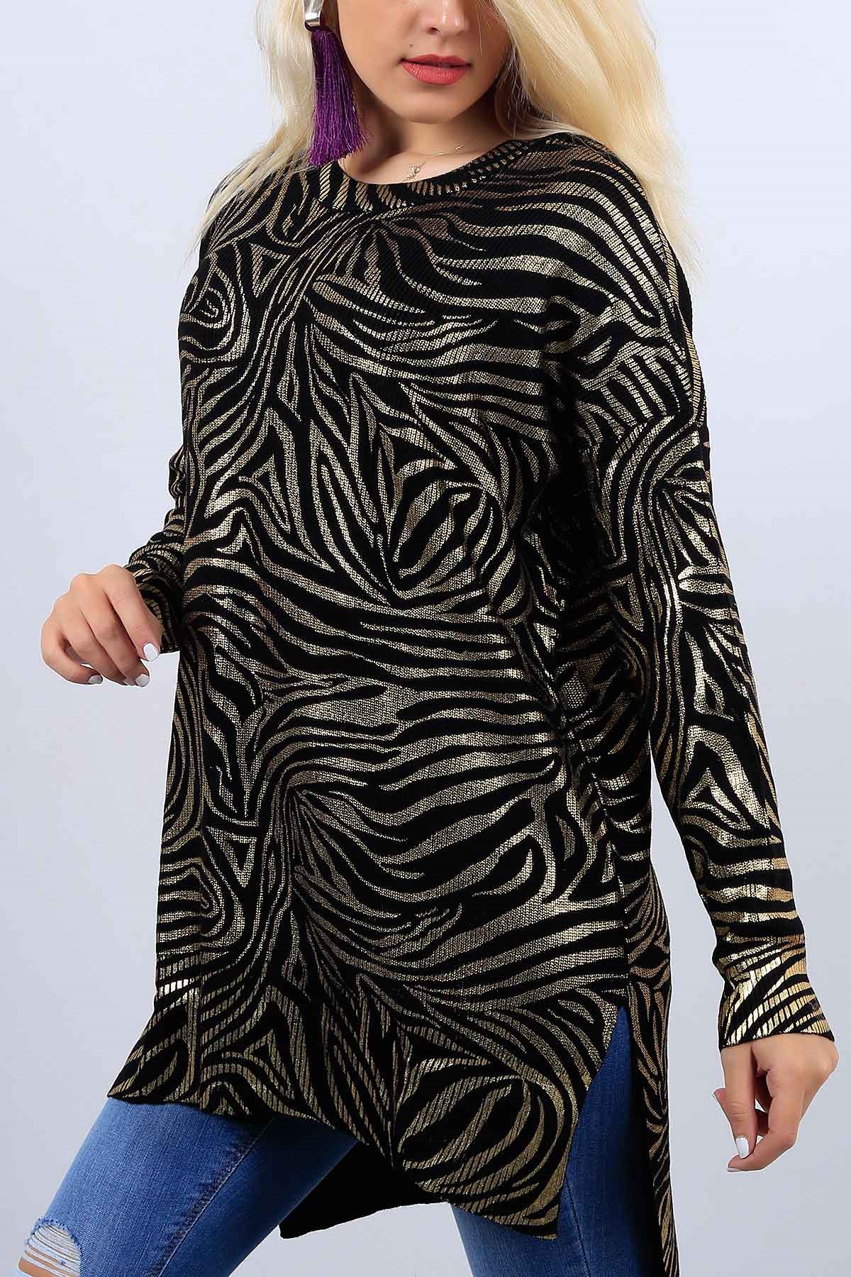 Zebra Desen Baskı Bayan Siyah Kazak 10922B