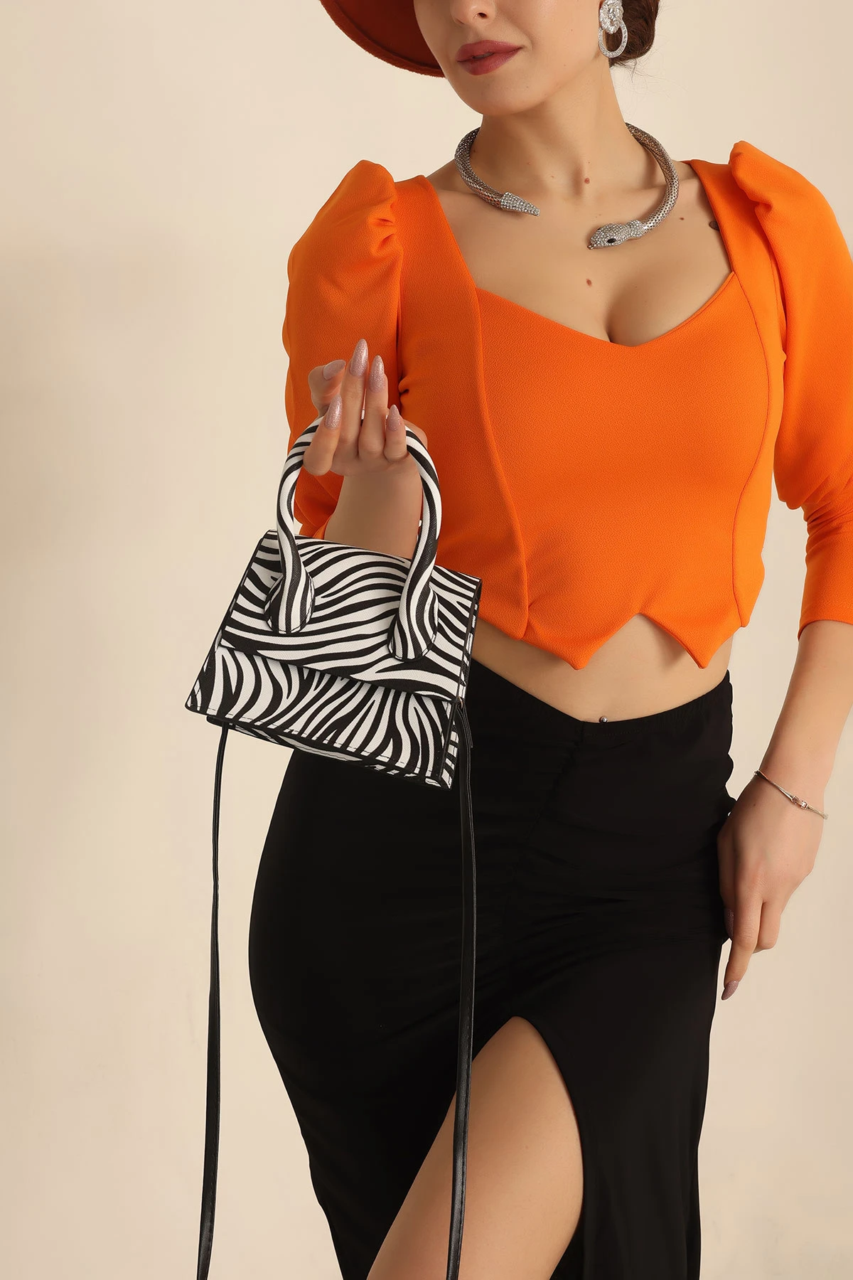 Zebra Desenli Kroko Desen El ve Omuz Çantası 239461