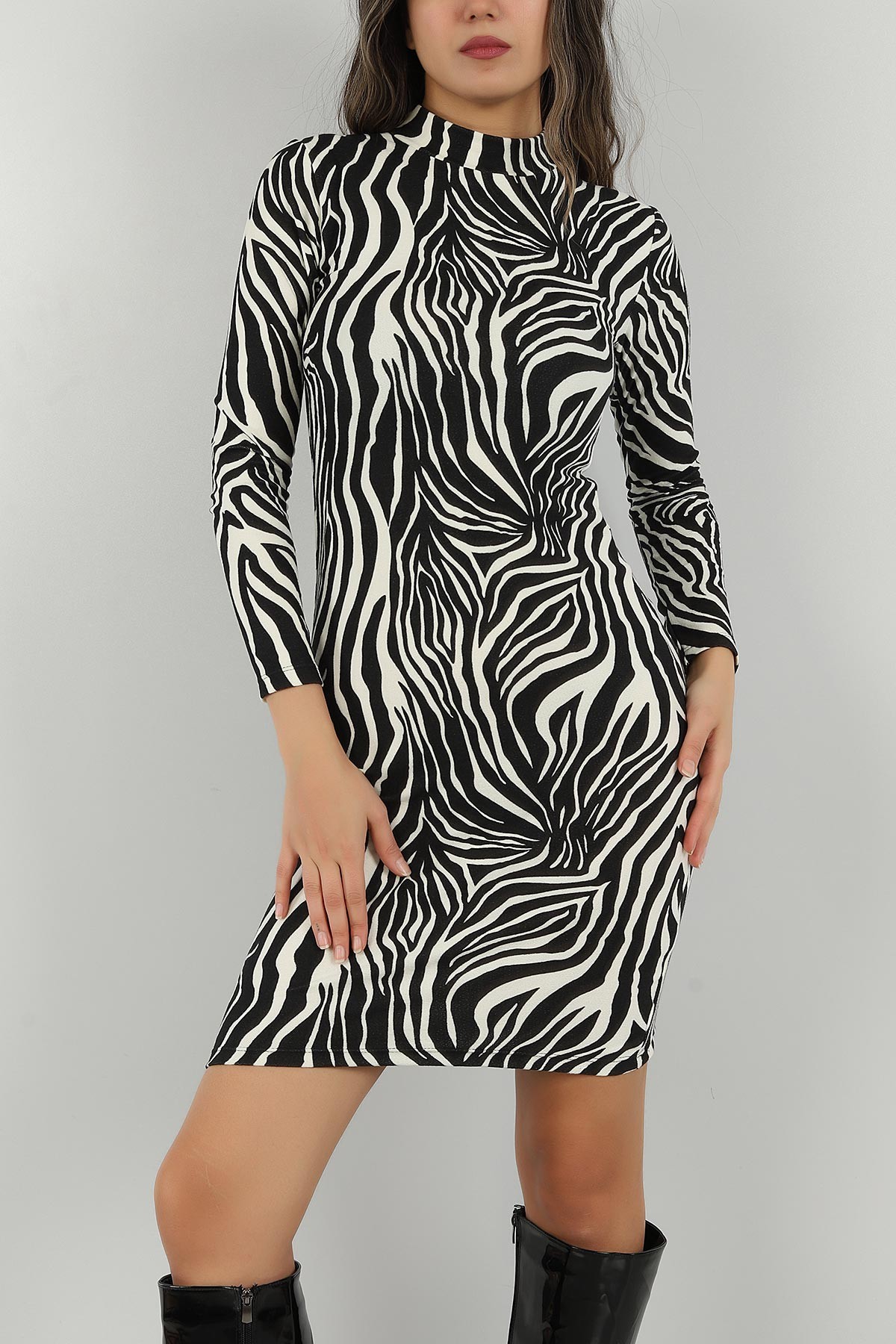 Zebra Desenli Pamuk Dokulu Süet Elbise 147061