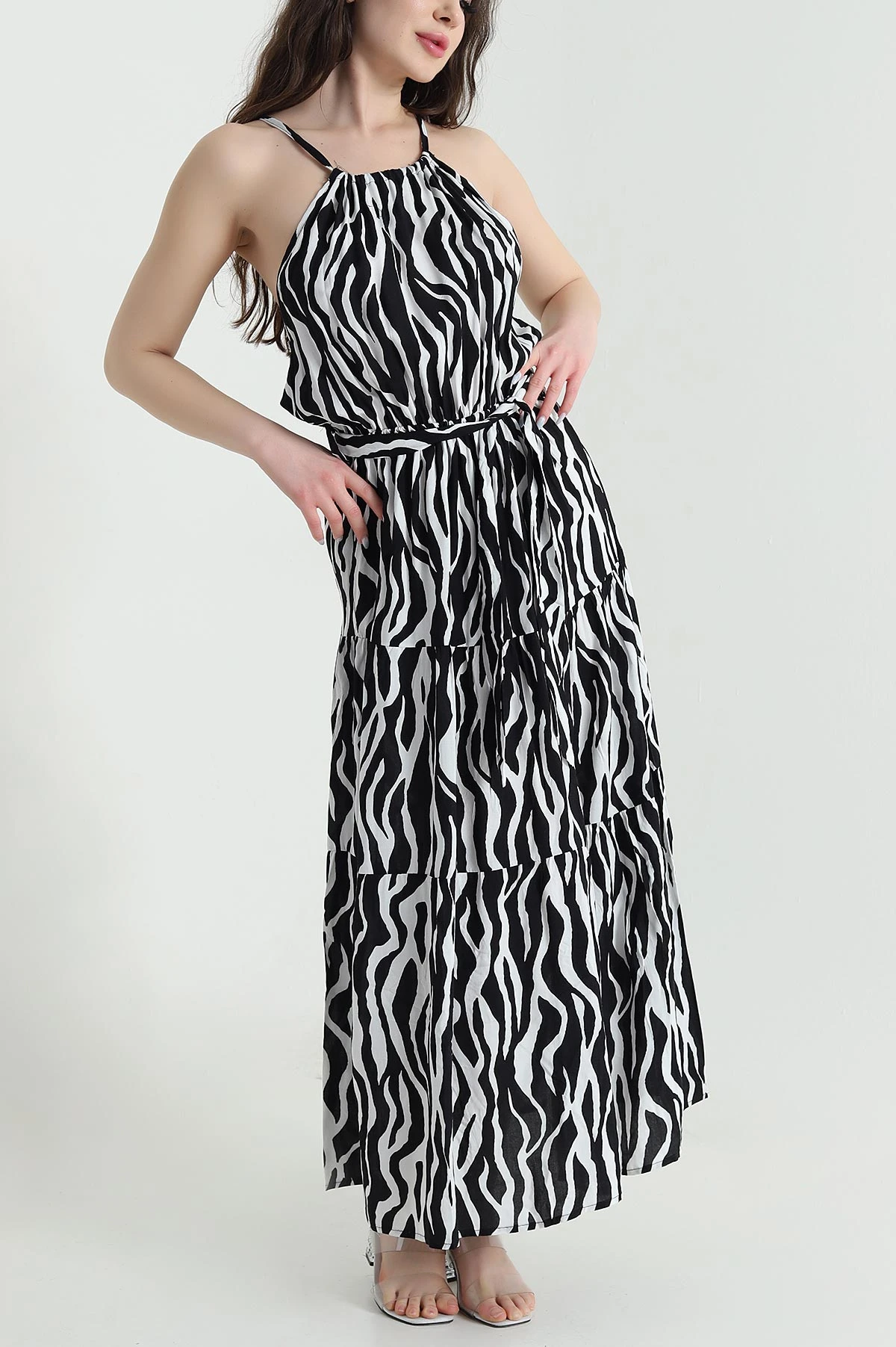 Zebra Kuşaklı Dokuma Viskon Kolsuz Kadın Elbise 449859