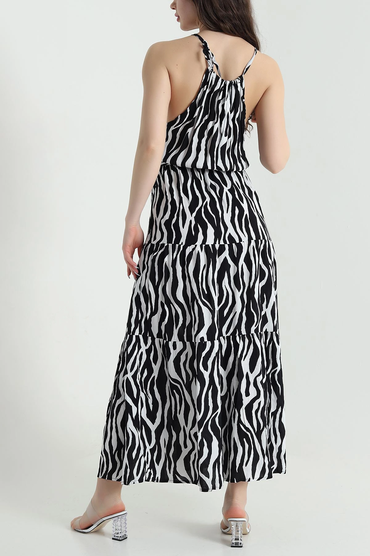 Zebra Kuşaklı Dokuma Viskon Kolsuz Kadın Elbise 449859