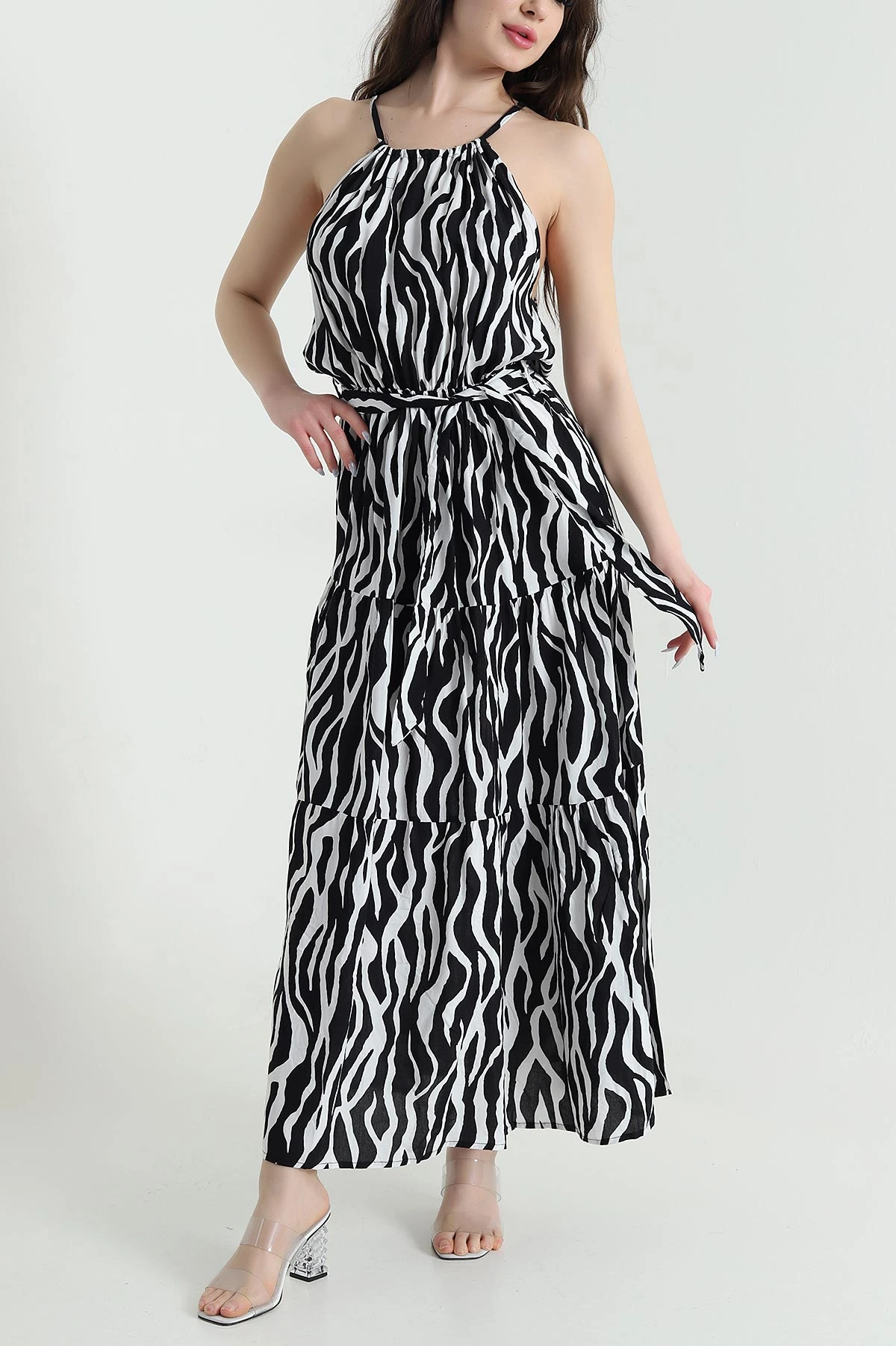 Zebra Kuşaklı Dokuma Viskon Kolsuz Kadın Elbise 449859