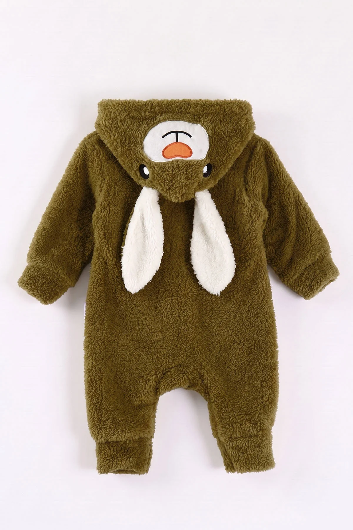 Zeytin (0-12 Ay) Kapüşonu Tavşan Nakışlı  Peluş Unisex Bebek Tulum 495383