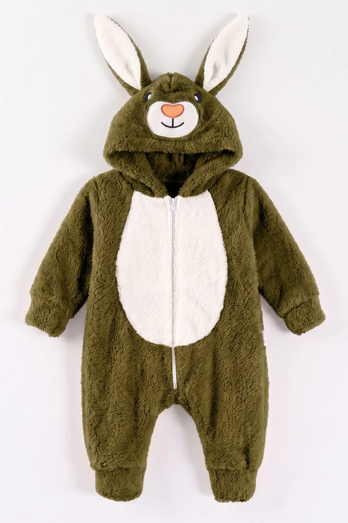 Zeytin (0-12 Ay) Kapüşonu Tavşan Nakışlı  Peluş Unisex Bebek Tulum 495383