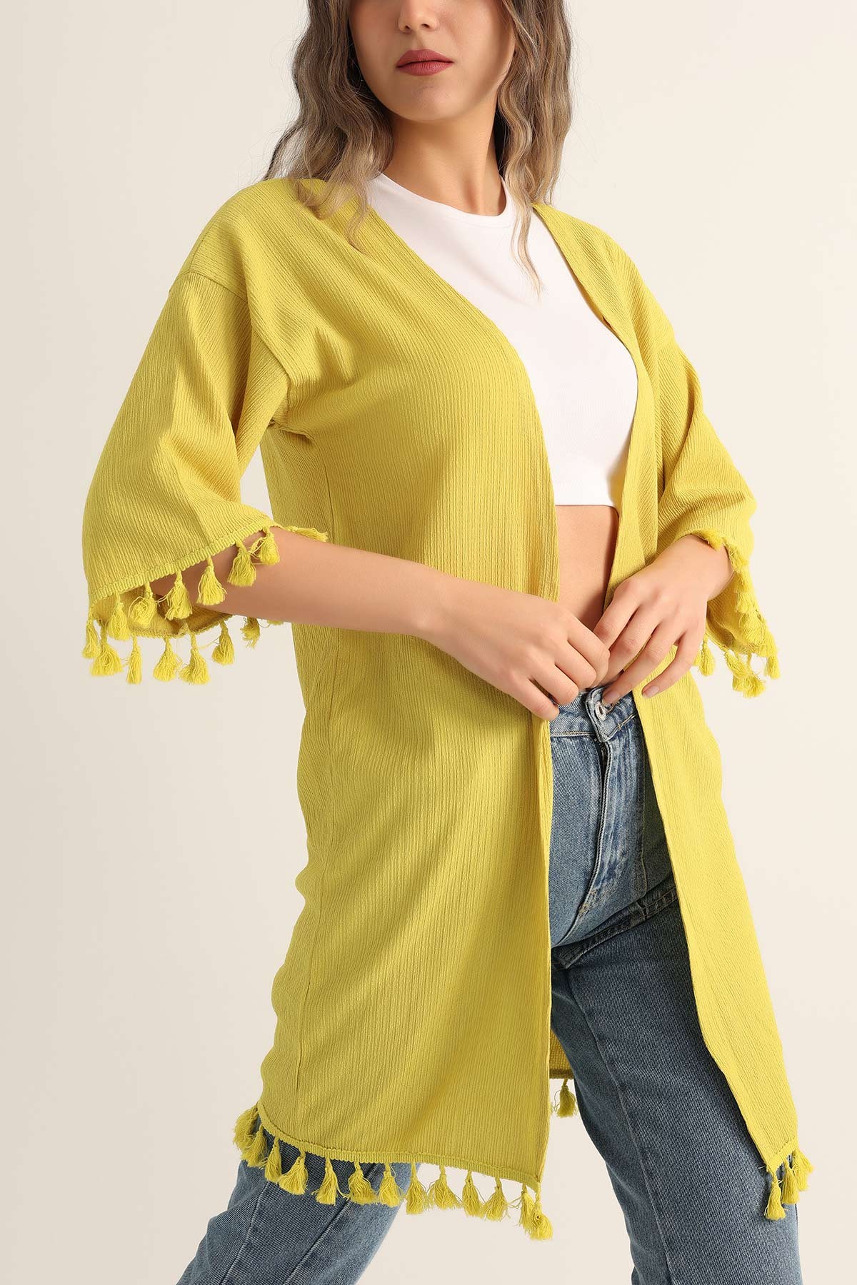 Zeytin Püskül Detay Seul Kimono Hırka 173528