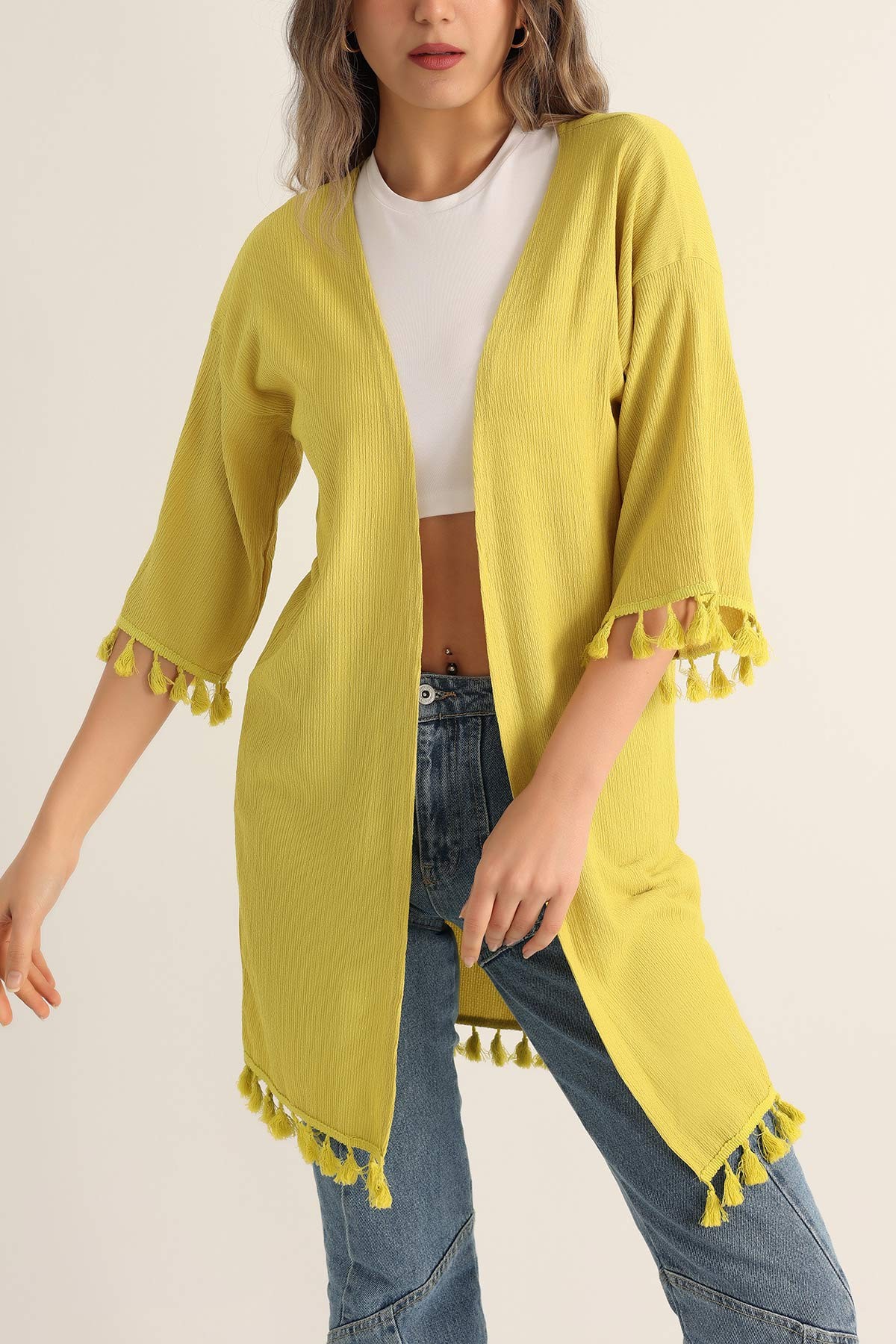 Zeytin Püskül Detay Seul Kimono Hırka 173528