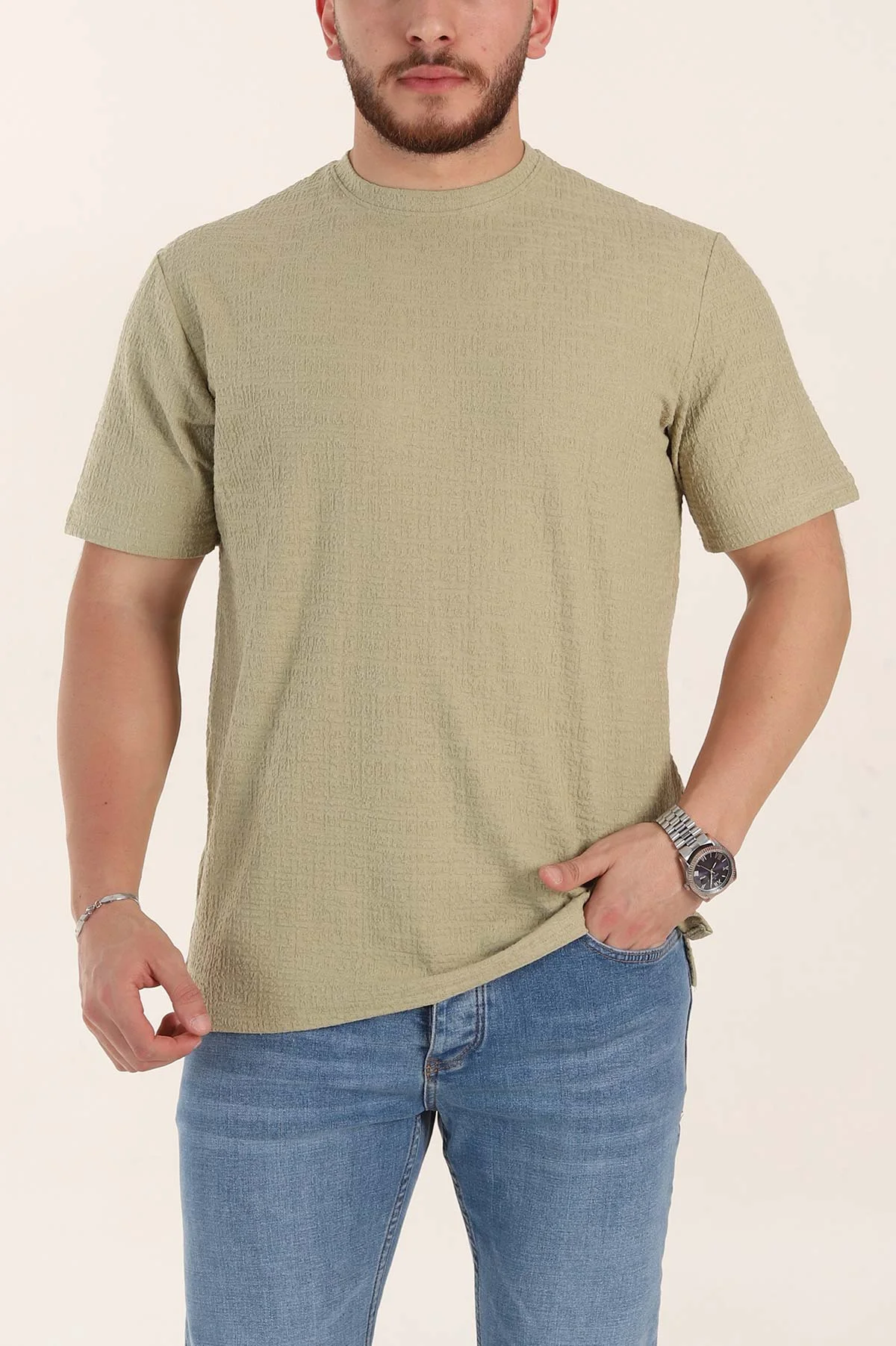 Zeytin Relaxed Fit Kabartma Desenli Basic Erkek Tişört 358108