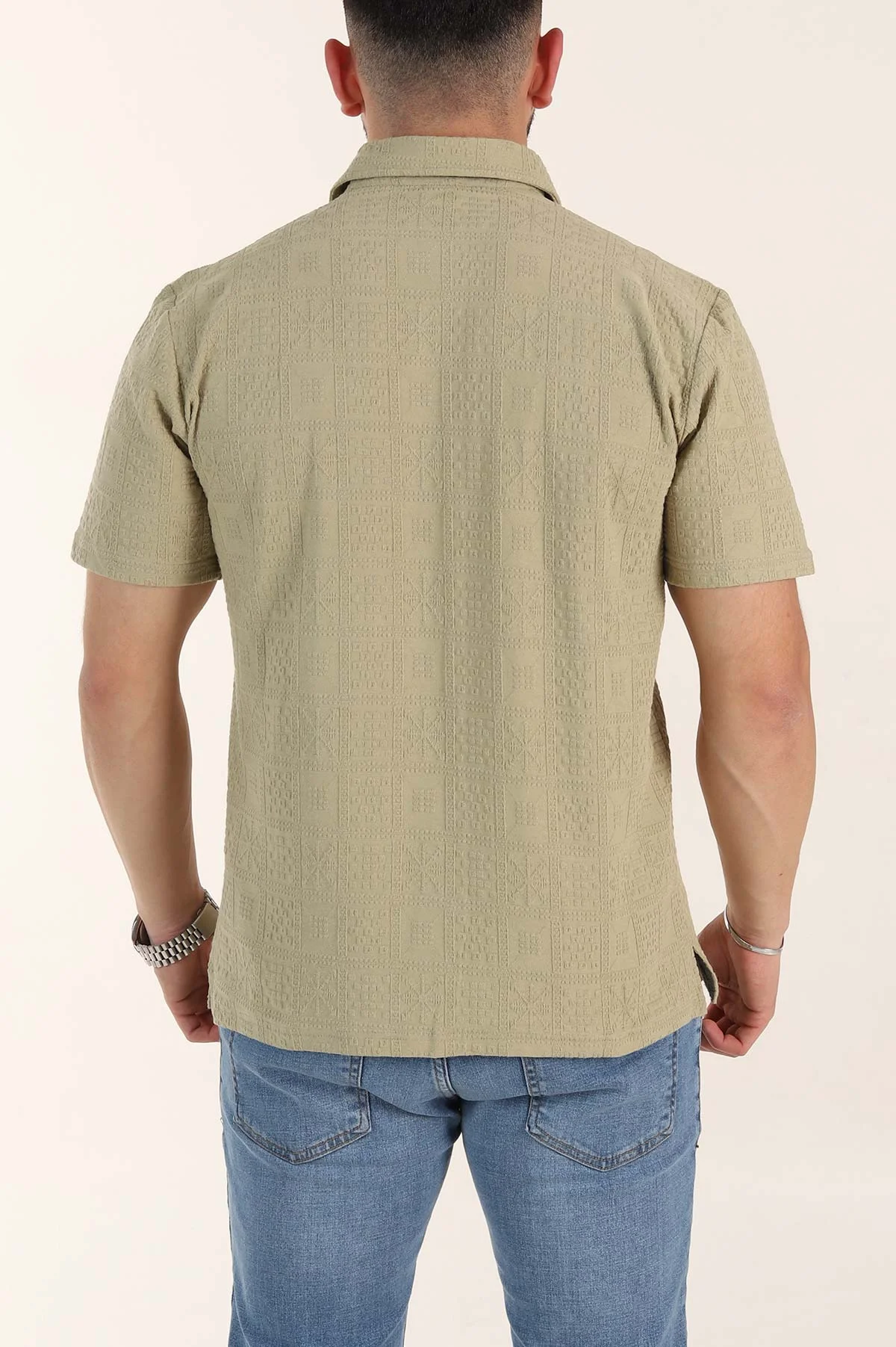 Zeytin Relaxed Fit Kabartma Desenli Düğmeli Polo Yaka Erkek Tişört 358080