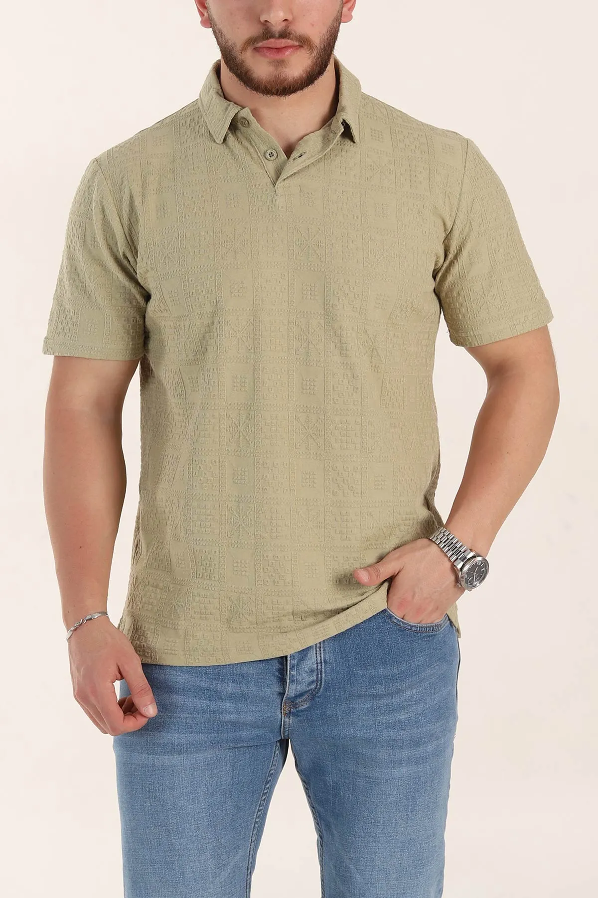 Zeytin Relaxed Fit Kabartma Desenli Düğmeli Polo Yaka Erkek Tişört 358080