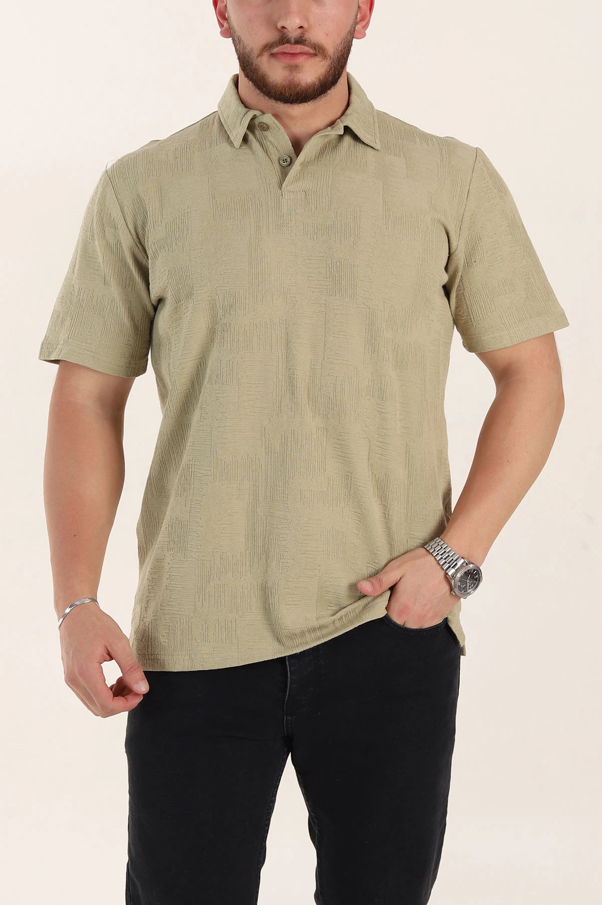 Zeytin Relaxed Fit Kabartma Desenli Düğmeli Polo Yaka Erkek Tişört 358190