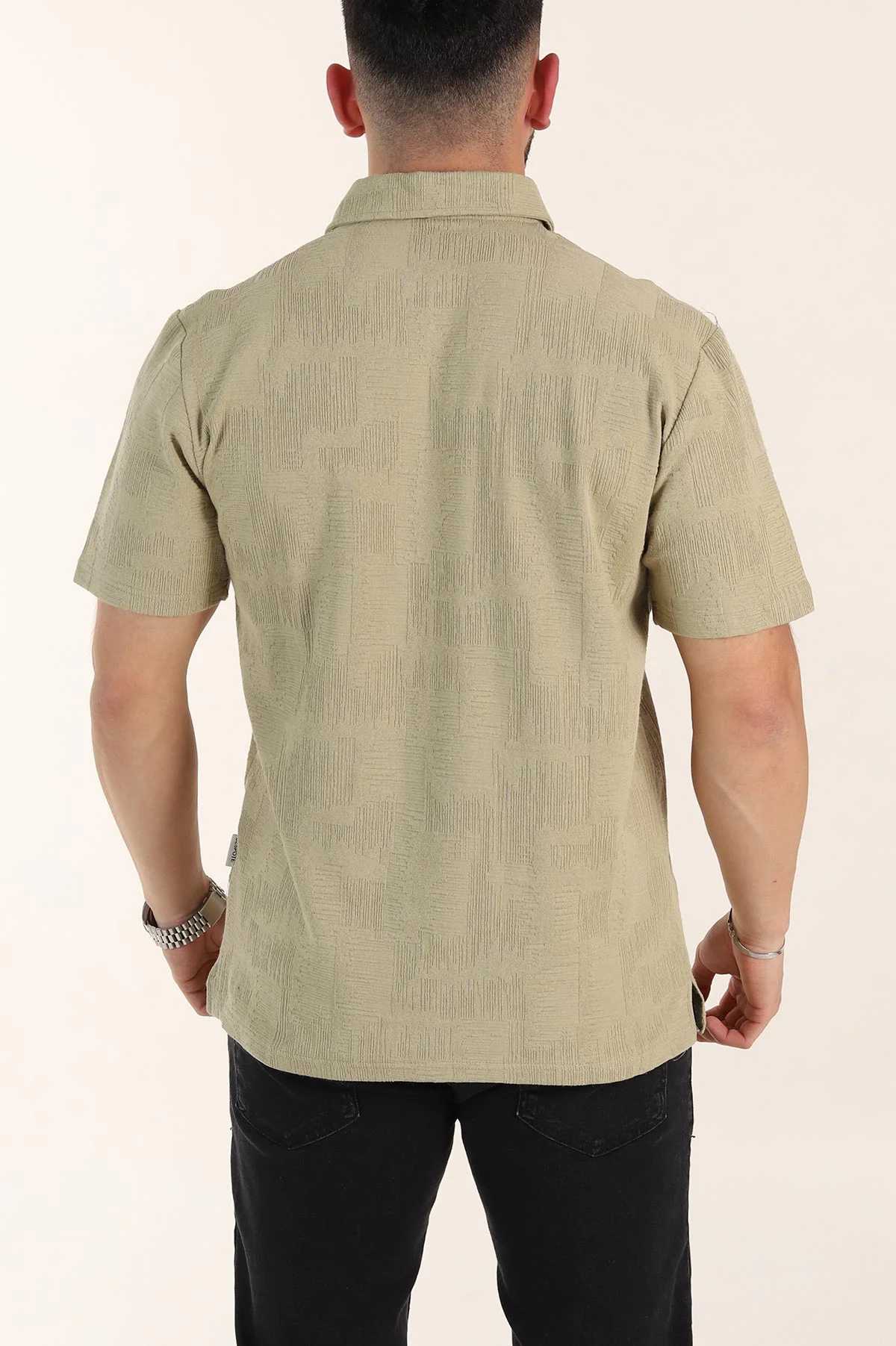 Zeytin Relaxed Fit Kabartma Desenli Düğmeli Polo Yaka Erkek Tişört 358190