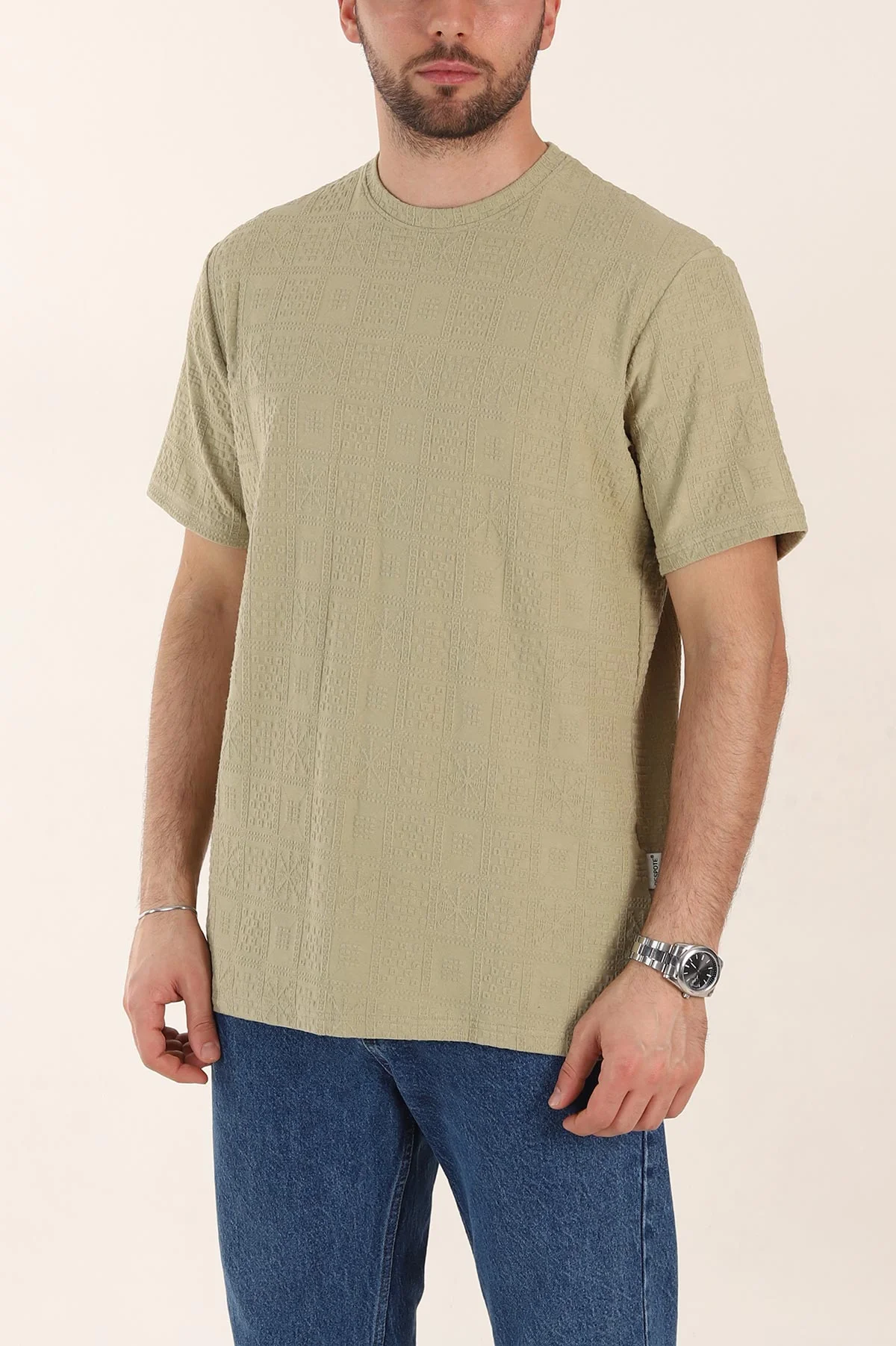 Zeytin Relaxed Fit Kabartma Desenli Erkek Tişört 358221
