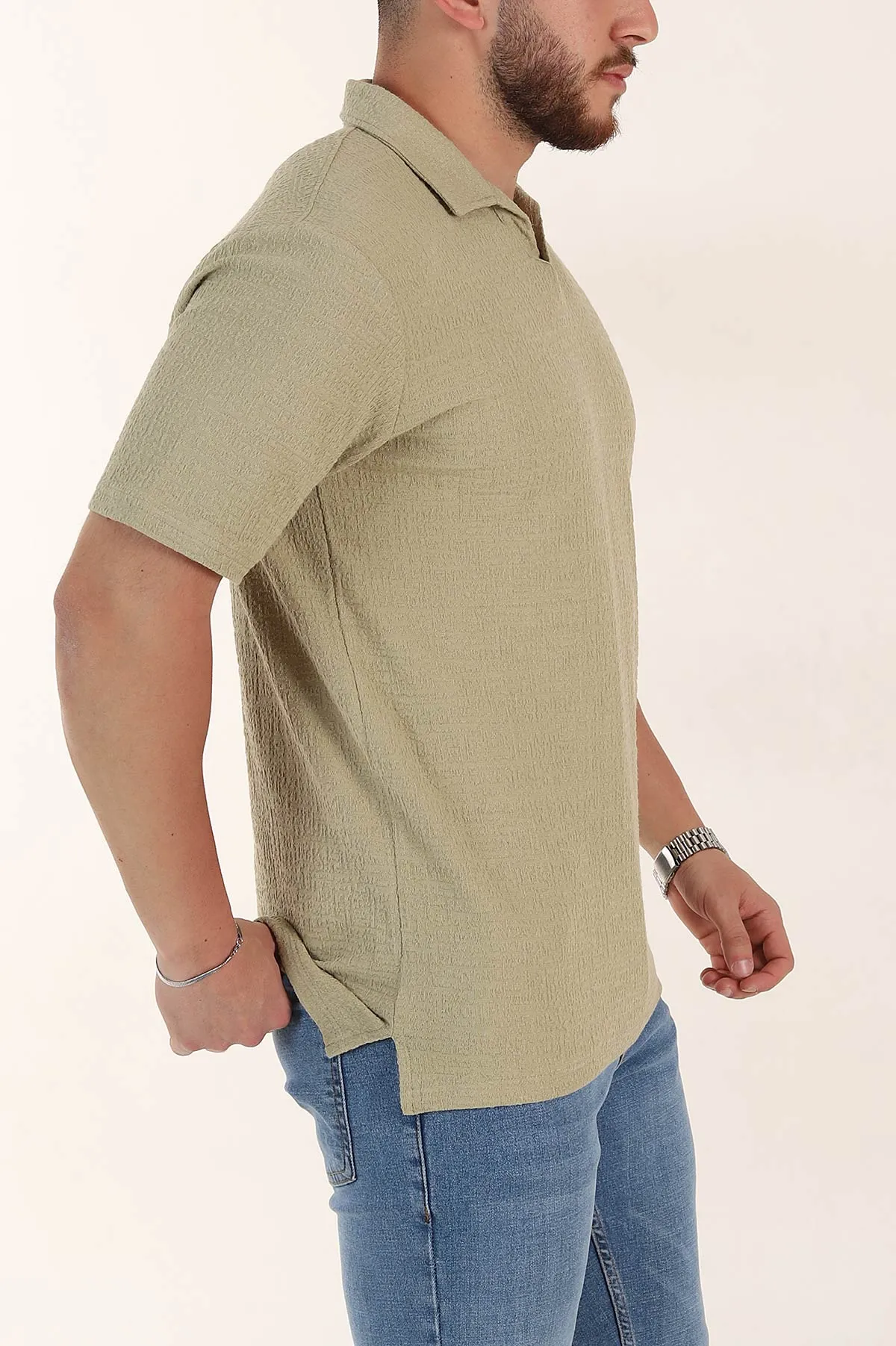 Zeytin Relaxed Fit Kabartma Desenli Patlı Polo Yaka Erkek Tişört 358281