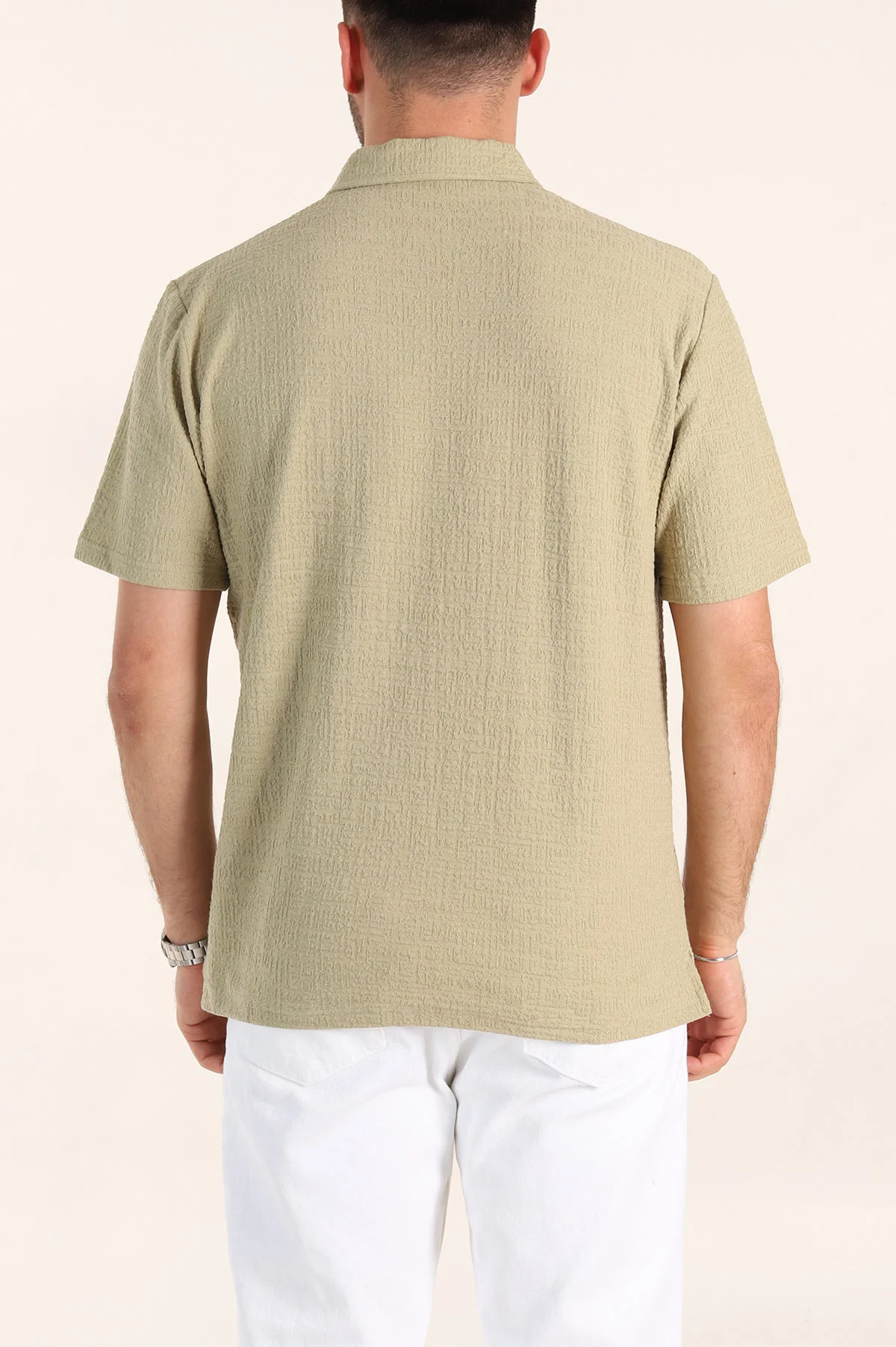 Zeytin Relaxed Fit Kabartma Dokulu Düğmeli Polo Yaka Erkek Tişört 358229