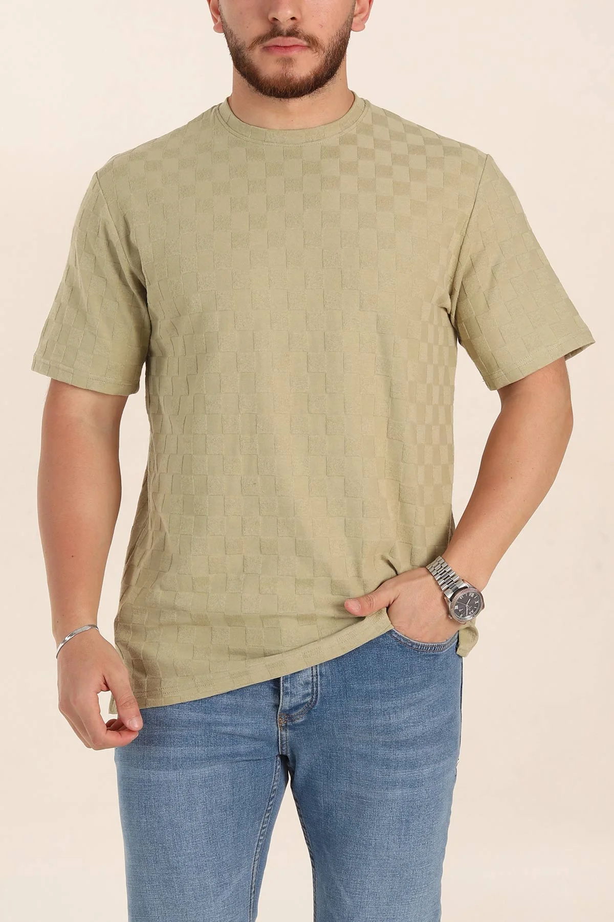 Zeytin Relaxed Fit Kare Dokulu Erkek Tişört 358002