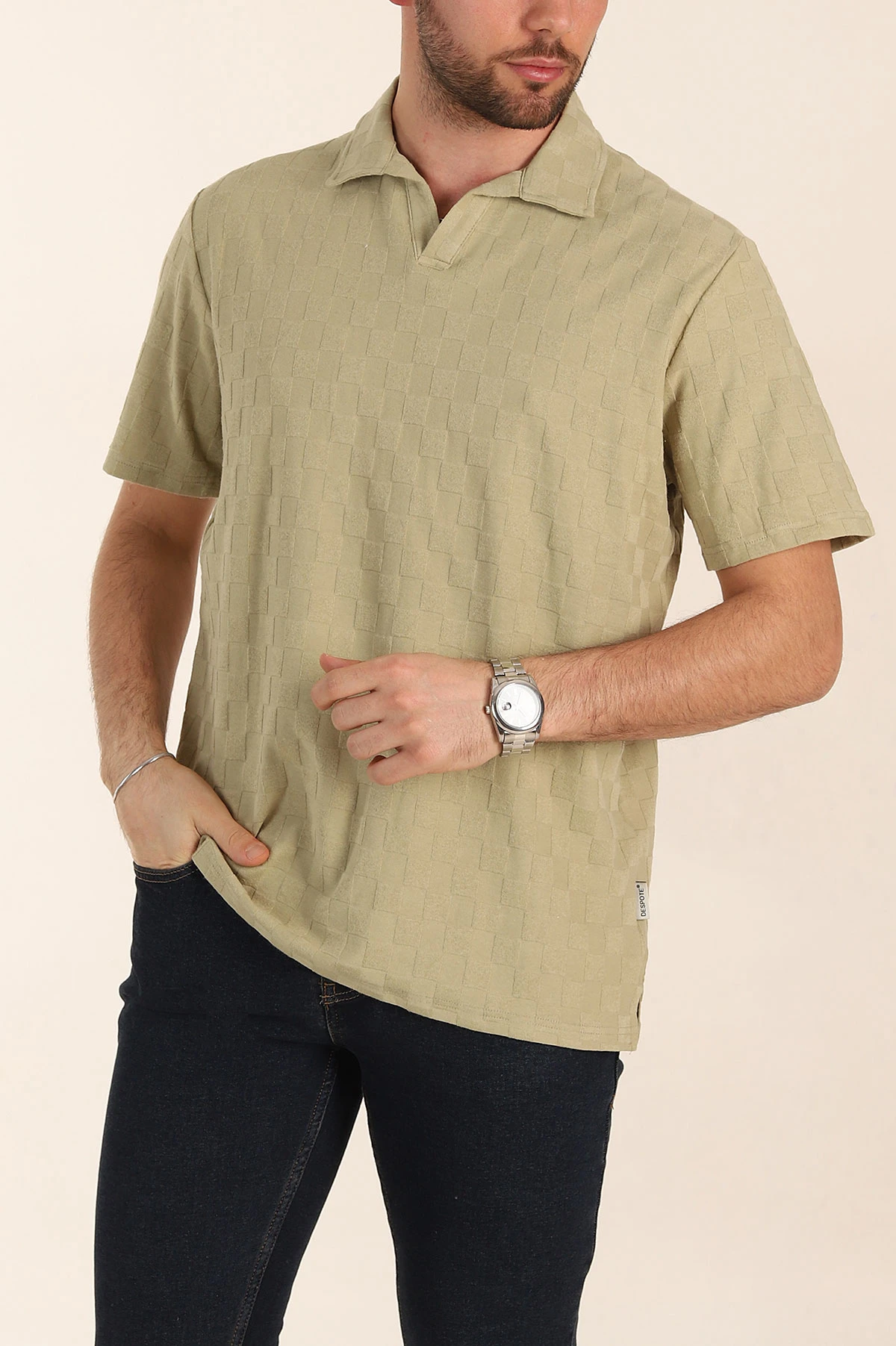 Zeytin Relaxed Fit Kare Dokulu Patlı Polo Yaka Erkek Tişört 358035