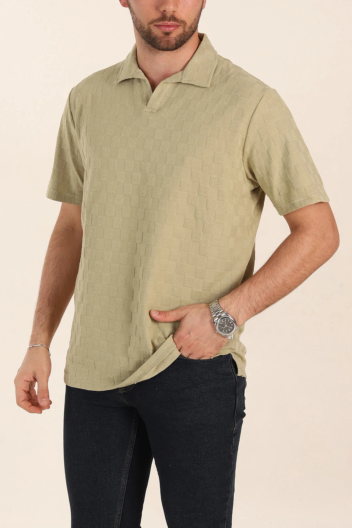 Zeytin Relaxed Fit Kare Dokulu Patlı Polo Yaka Erkek Tişört 358035