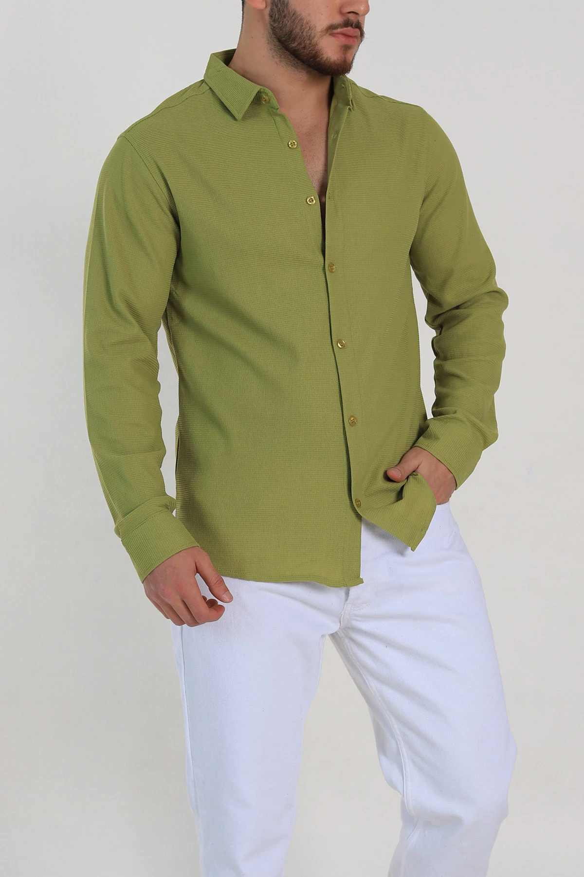 Zeytin Slim Fit Petek Dokulu Uzun Kollu Erkek Gömlek 325213