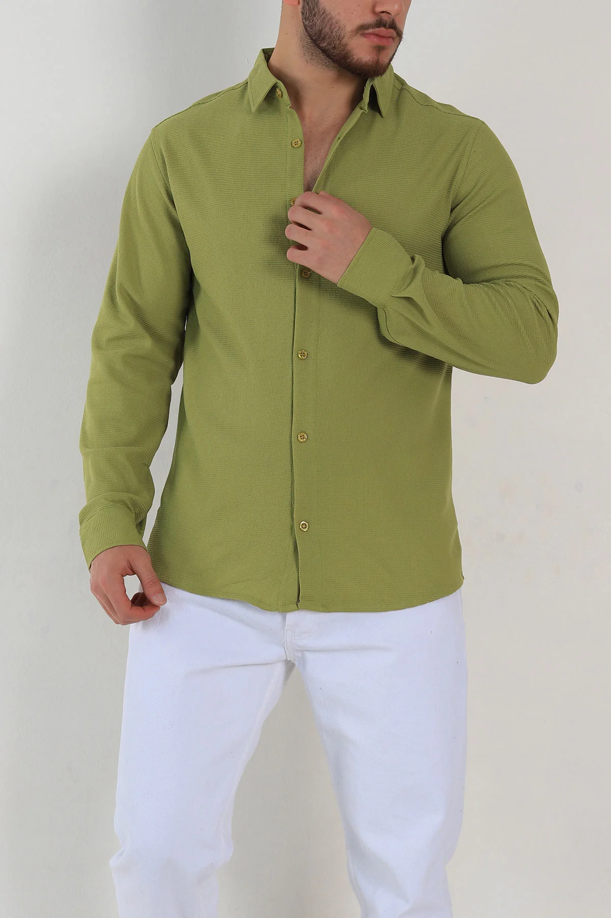 Zeytin Slim Fit Petek Dokulu Uzun Kollu Erkek Gömlek 325213