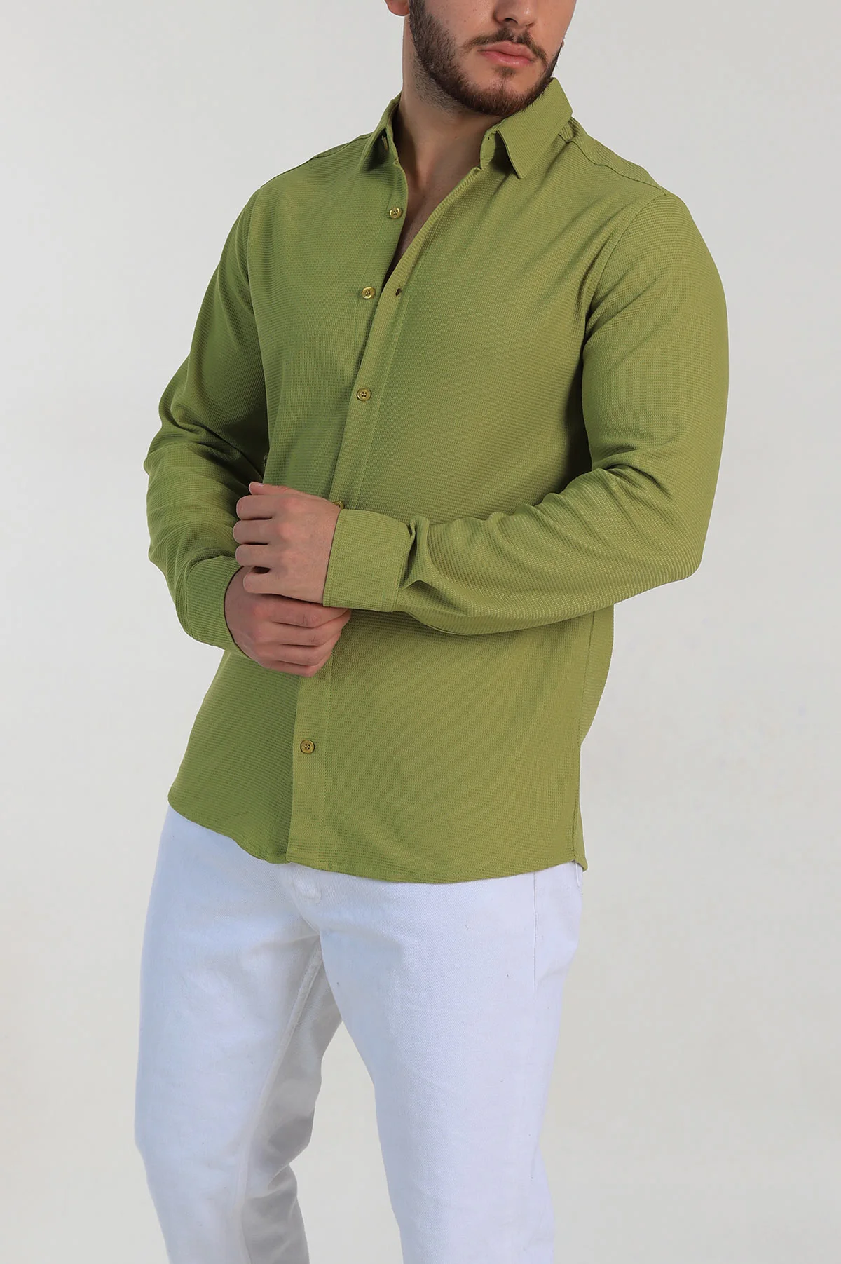 Zeytin Slim Fit Petek Dokulu Uzun Kollu Erkek Gömlek 325213